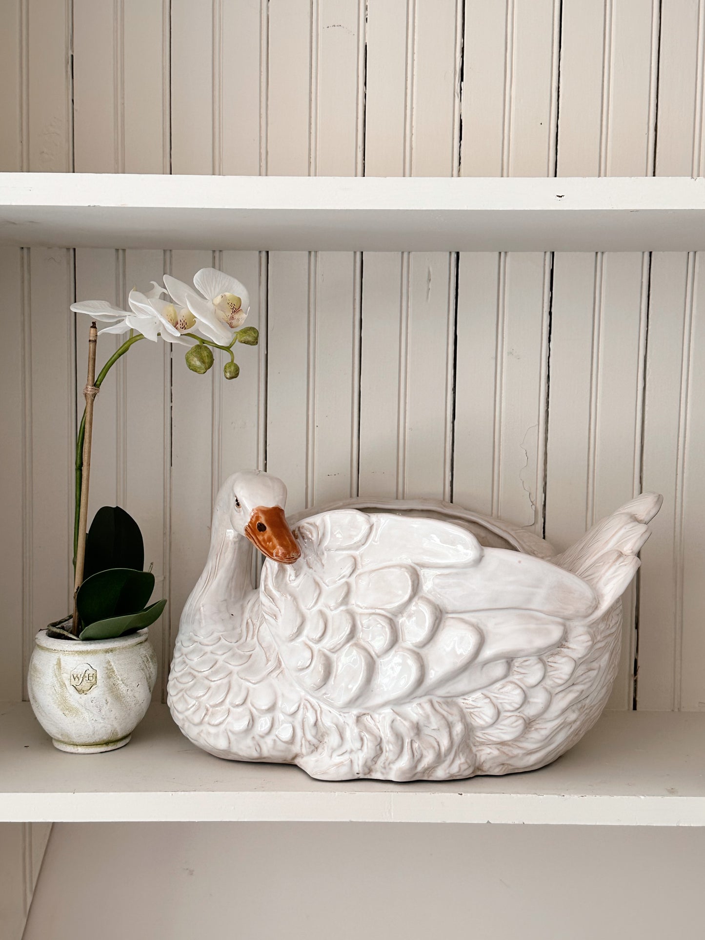 Large Vintage Glazed Terra Cotta Swan Planter