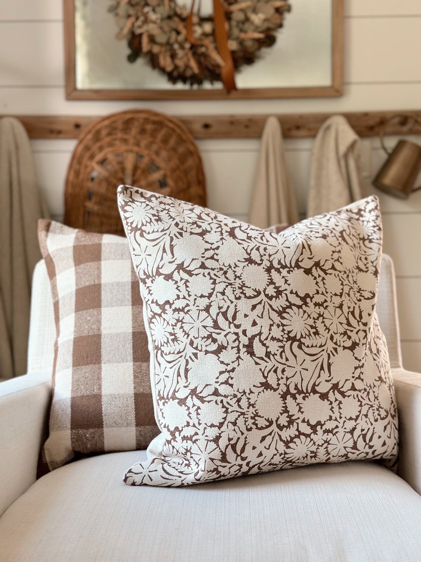 Floral Woven Cotton Pillow Cover in Brown