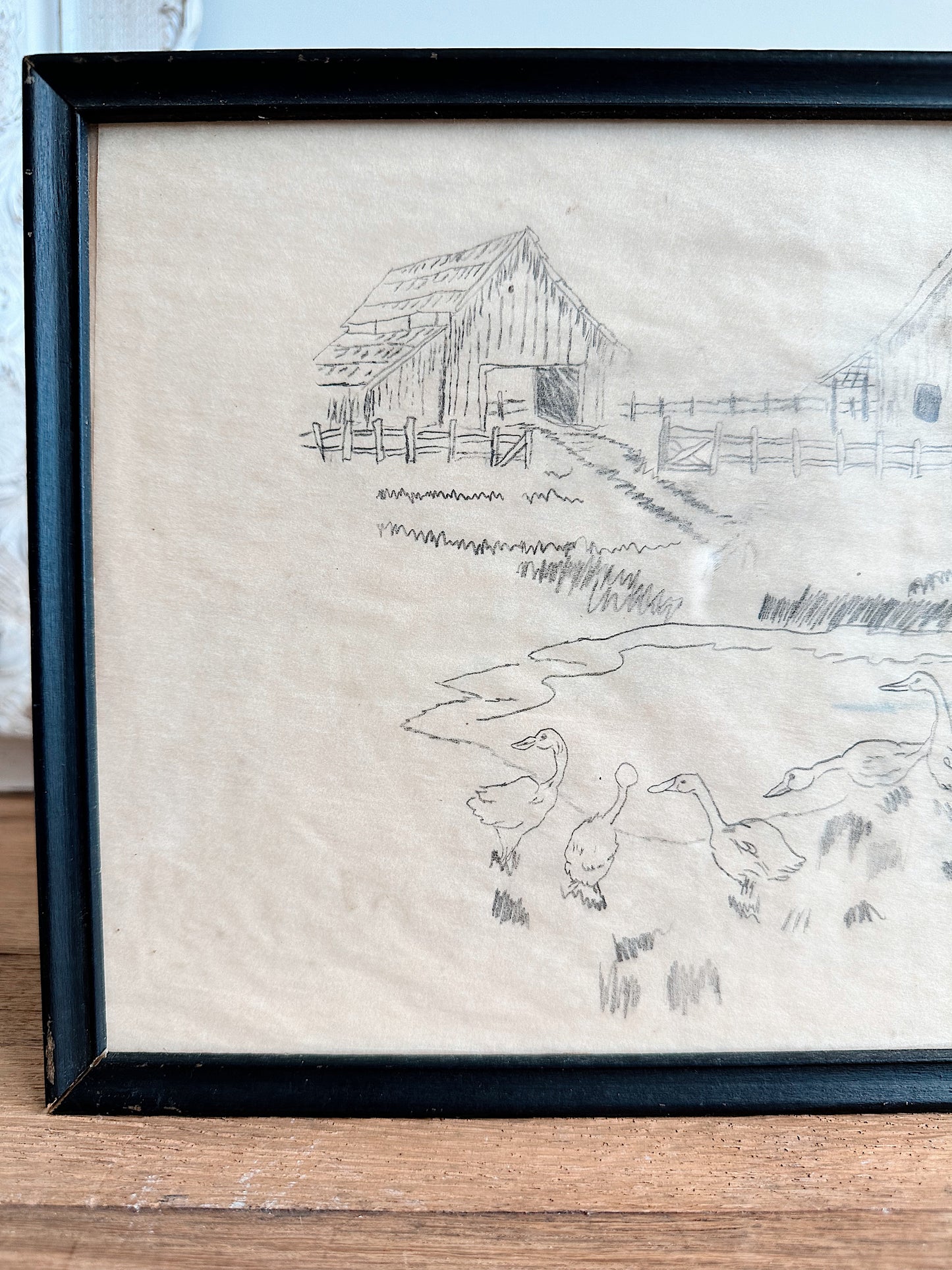 Vintage Pencil Sketch, Farm & Ducks