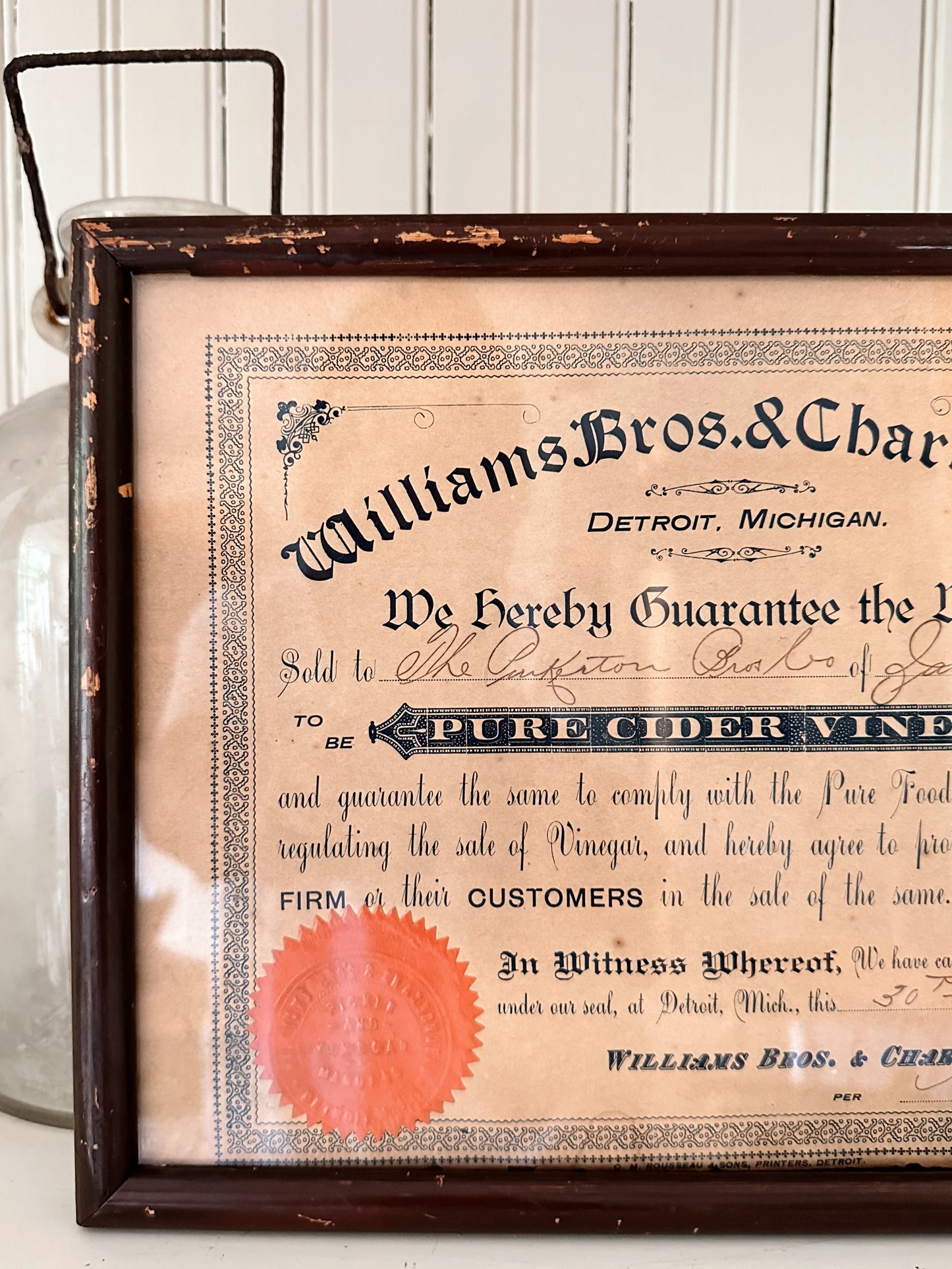 1897 Antique Framed Pure Cider Vinegar Certificate