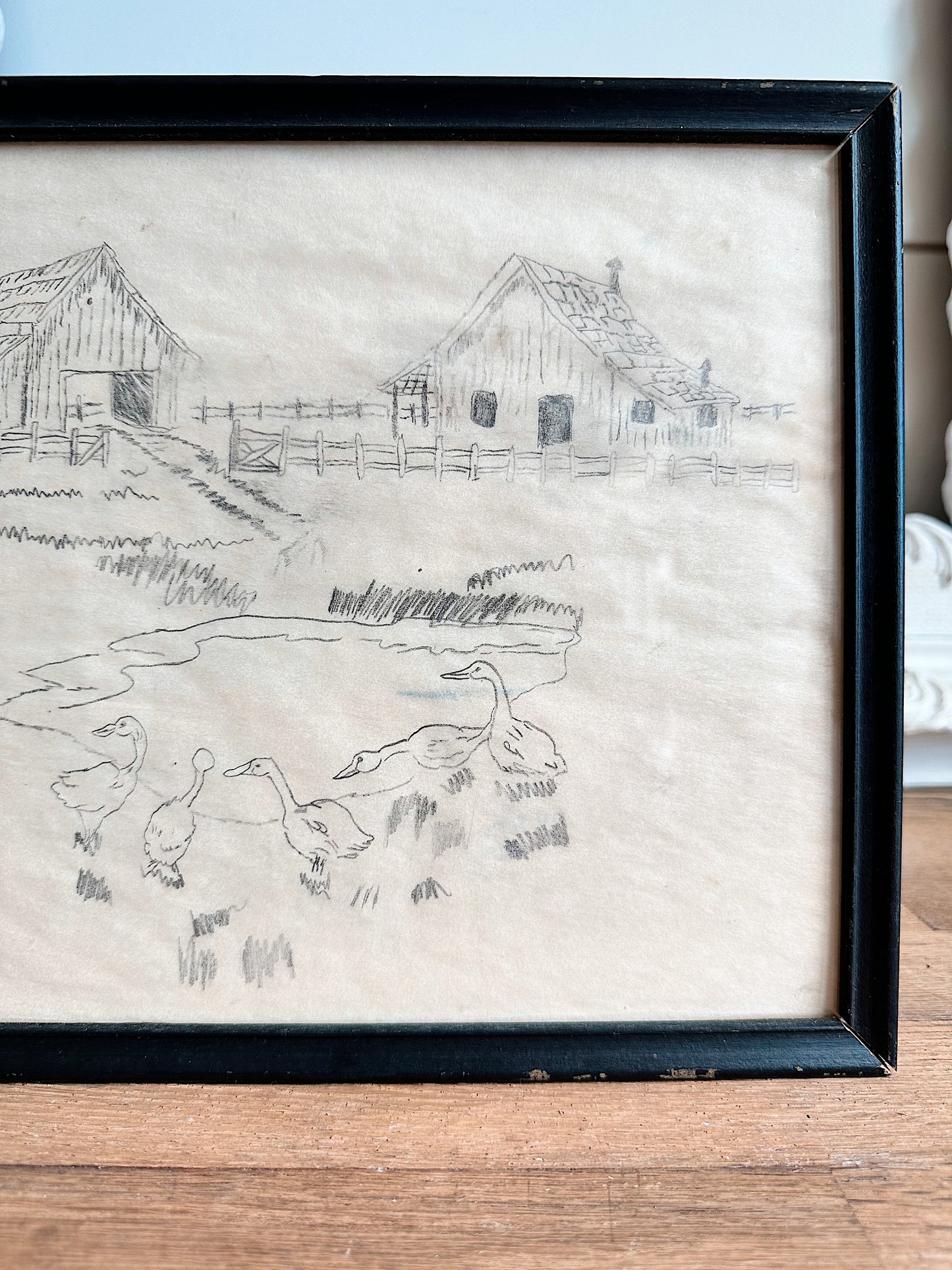 Vintage Pencil Sketch, Farm & Ducks