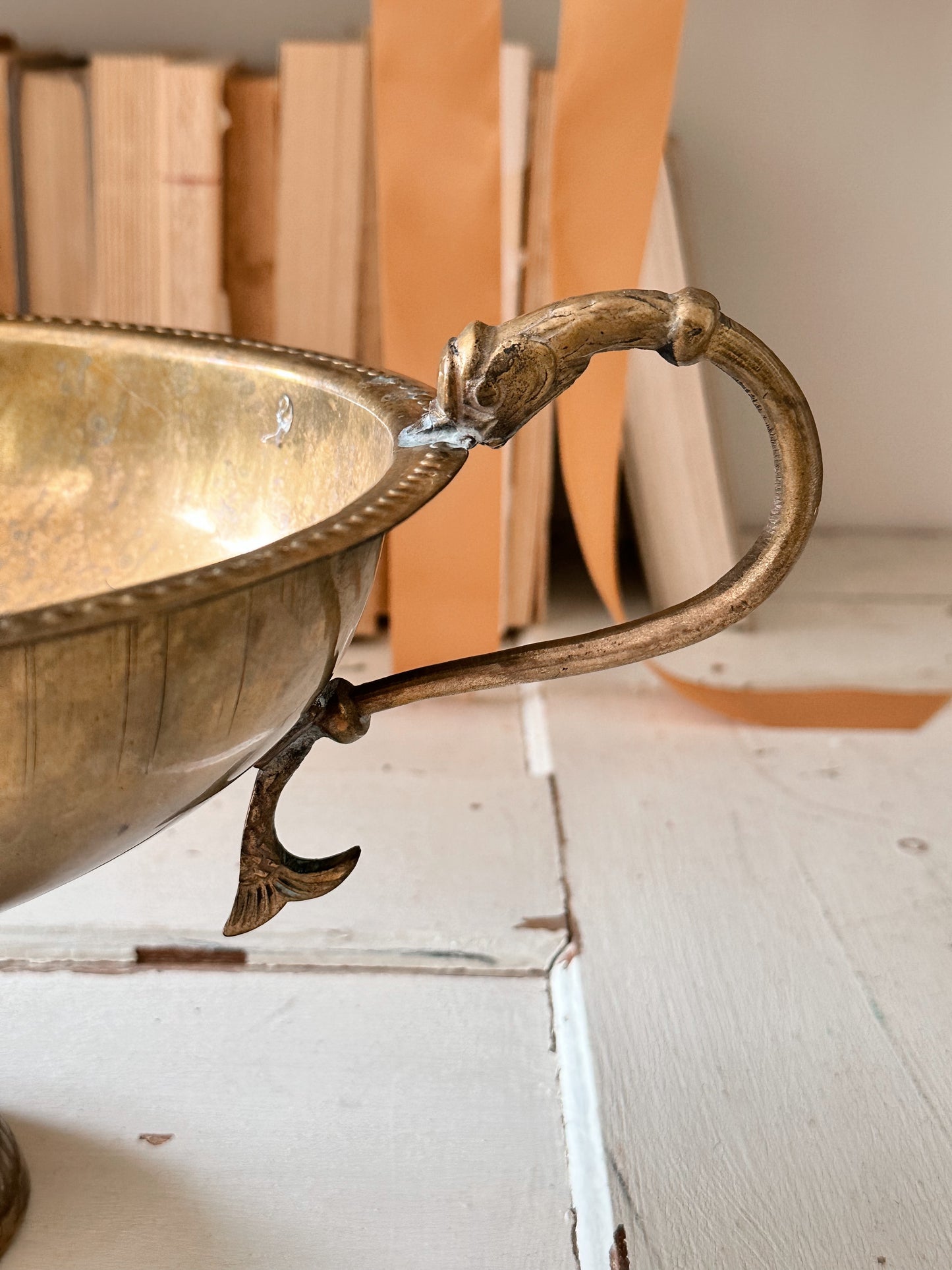 Beautiful Vintage Brass Koi Handle Pedestal Bowl