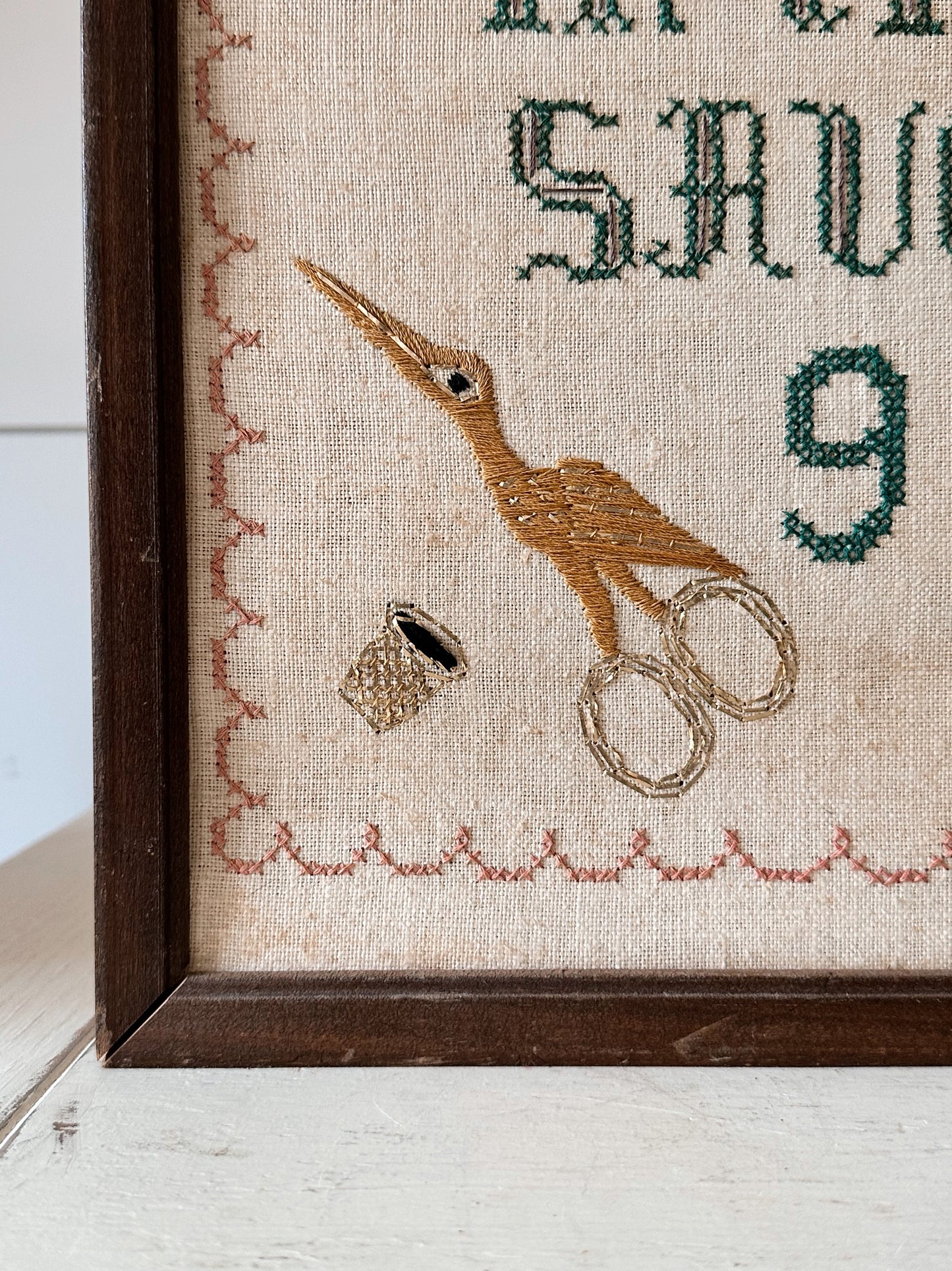 Vintage Cross Stitch and Embroidery Wall Hanging - A Stitch in Time Saves 9