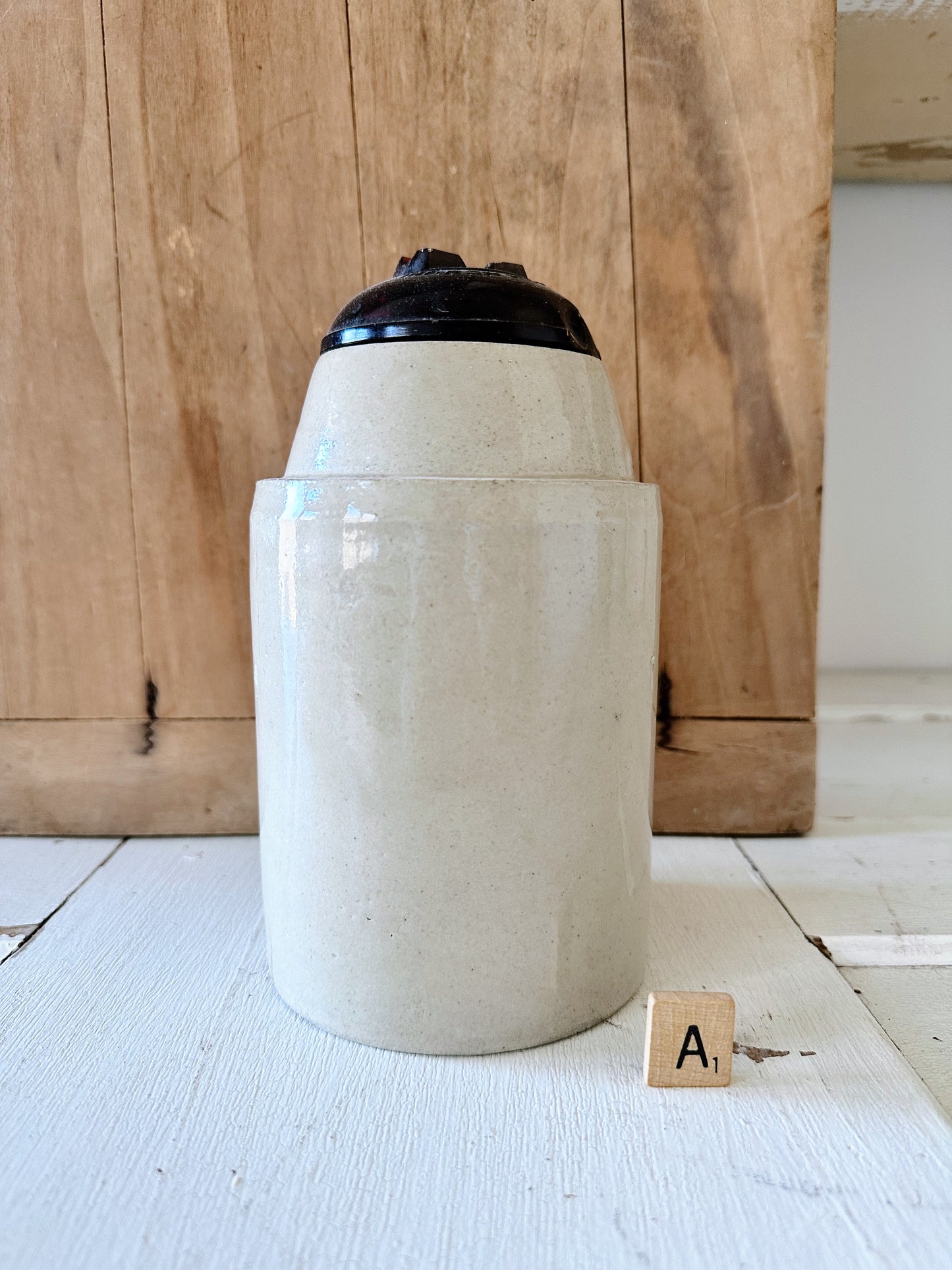 Antique Canning Crock with Amber Glass Lid