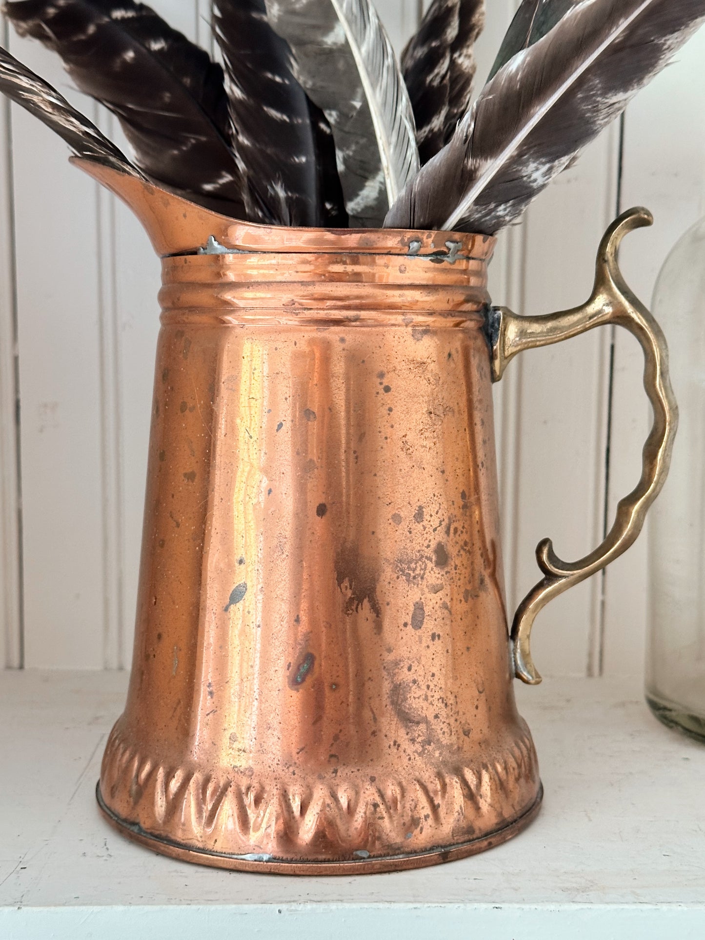 Vintage Copper Pitcher & Turkey Feathers