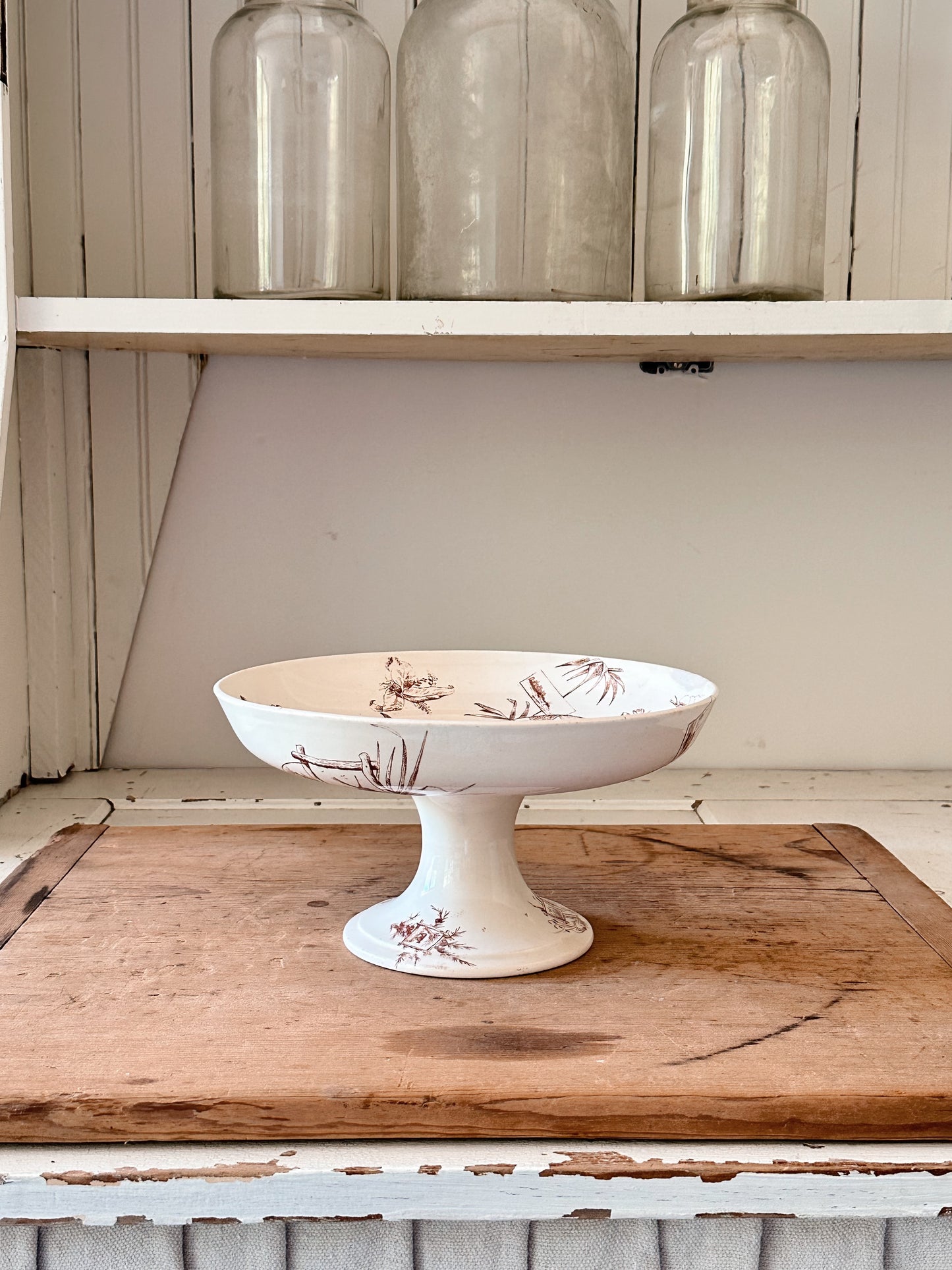 Vintage Brown and White Transferware Compote