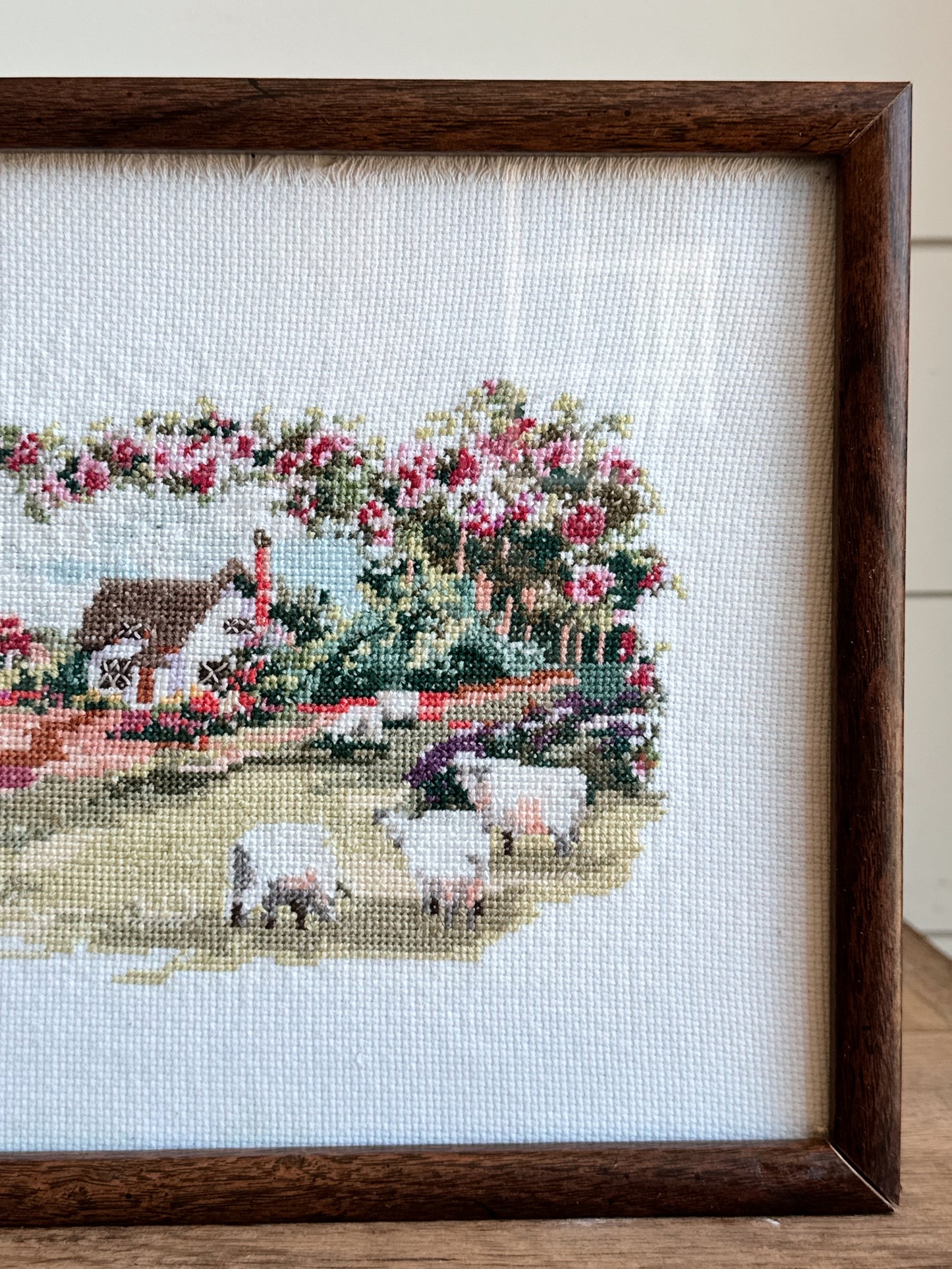 Vintage Framed Cross Stitch, Cottage with Sheep