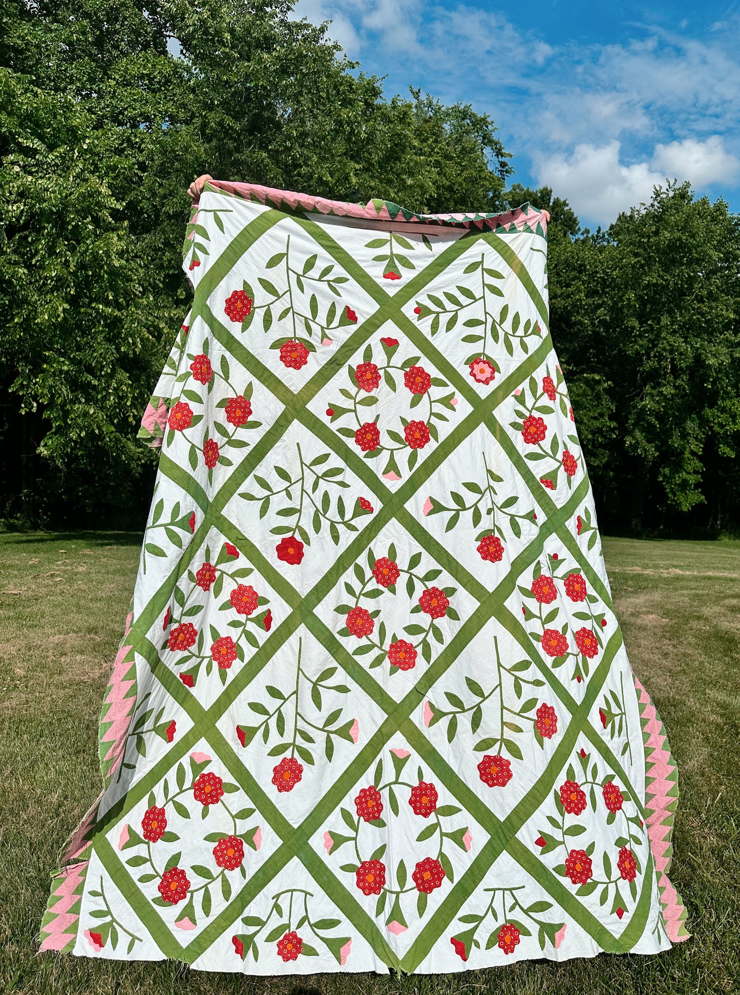 Vintage Hand Appliqué Flower Trellis Quilt Top