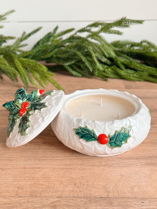 Hand Poured Gingerbread Cookie Candle in a Vintage Holly Canister