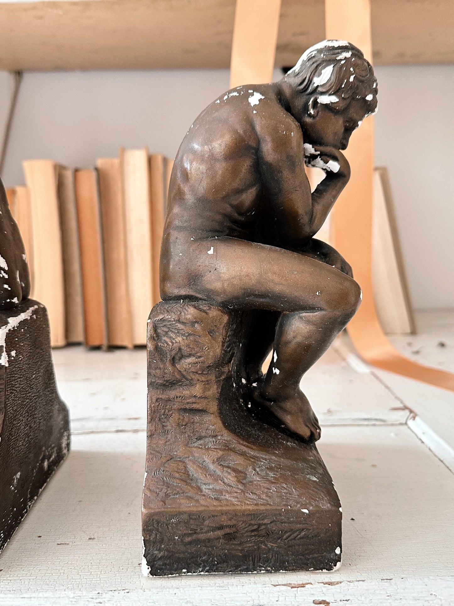 Pair of Chippy Vintage Esco Bookends, “The Thinker”