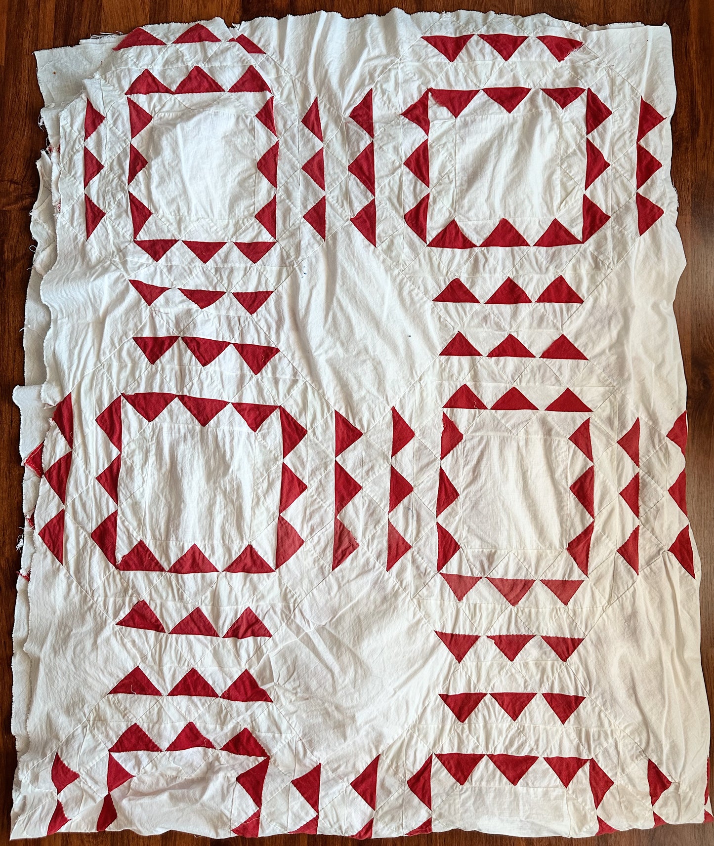 Antique Hand Pieced Turkey Red & White Sawtooth Quilt Top