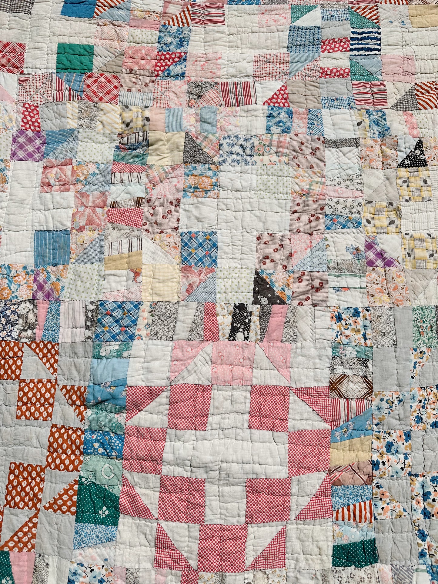 1930s Hand-Quilted Sampler Patchwork Feed Sack Quilt