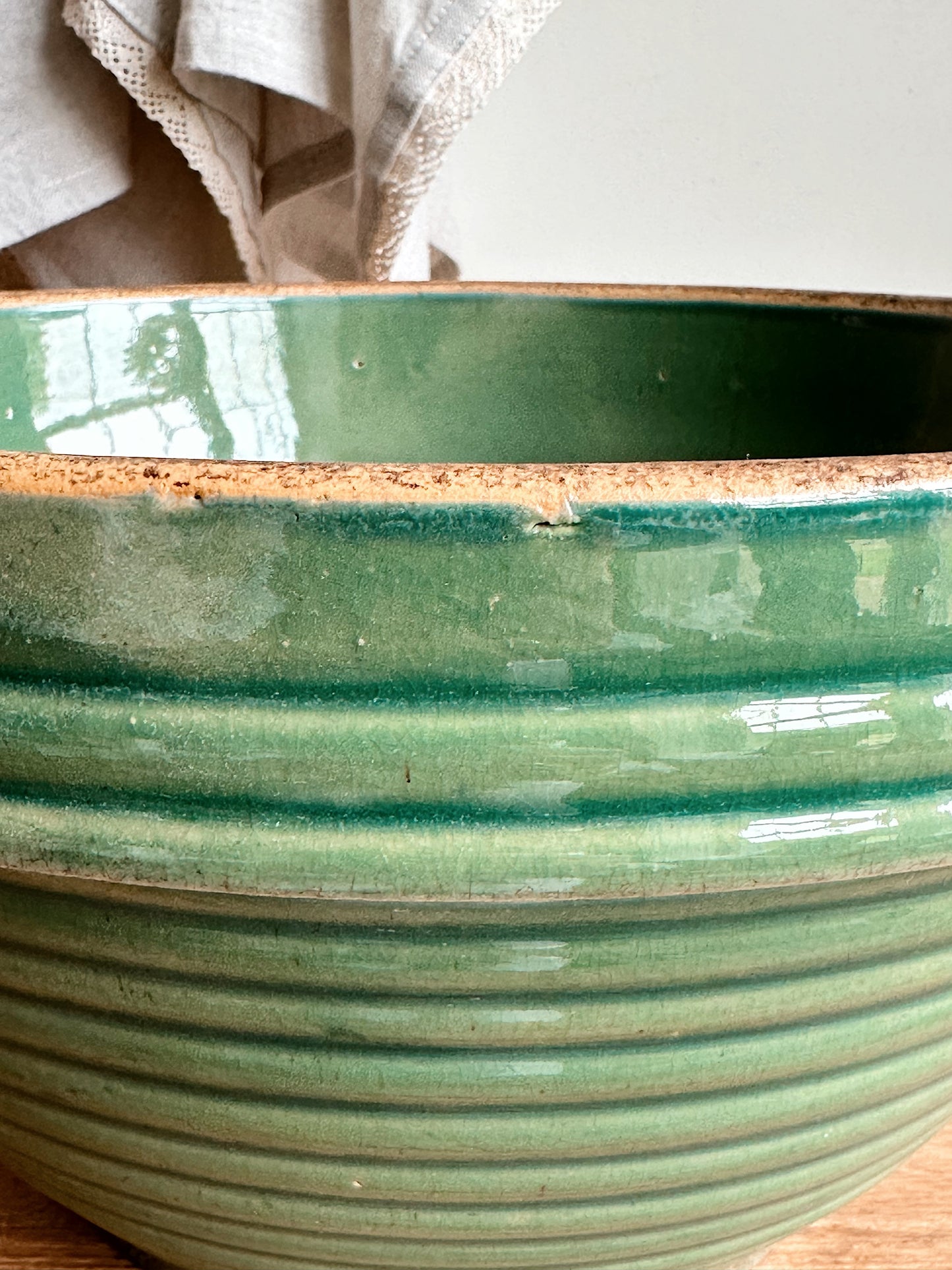 Big Beautiful Vintage Green Ribbed Stoneware Bowl