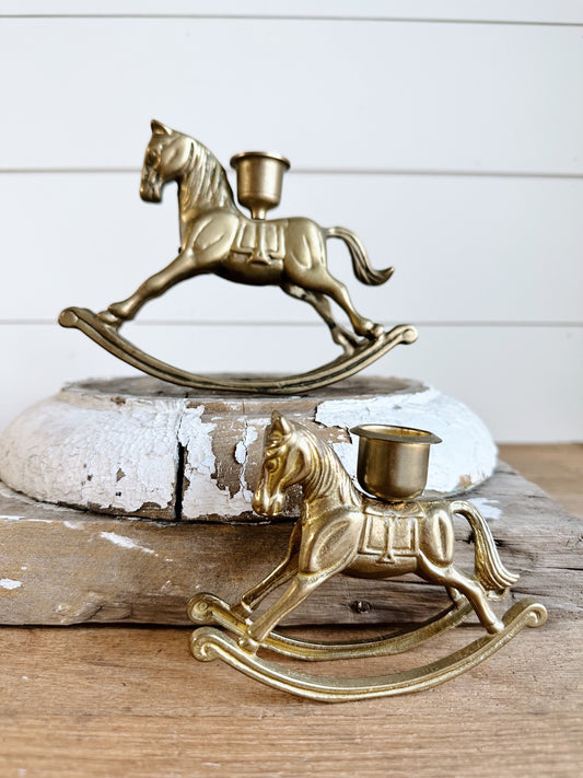 Pair of Vintage Brass Rocking Horse Candle Holders