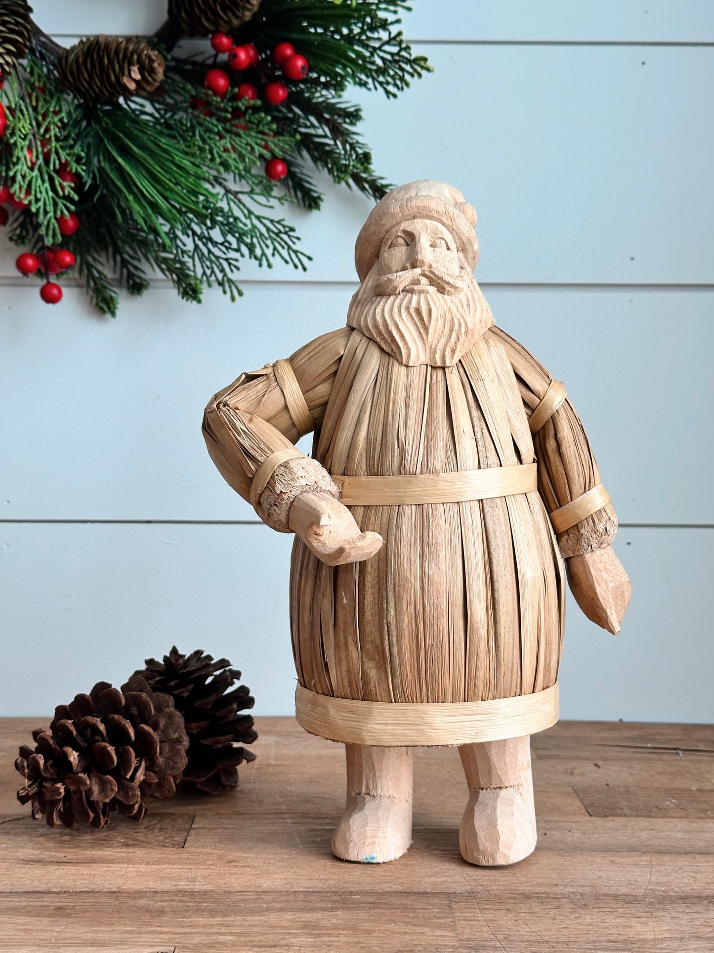 Vintage Straw & Wood Santa