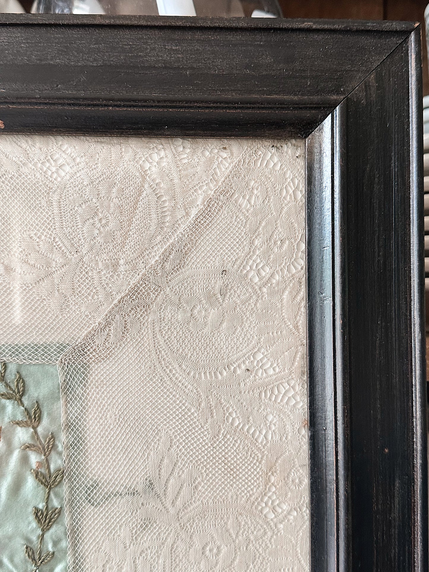 Framed WW1 Antique French Silk & Lace Embroidery Piece