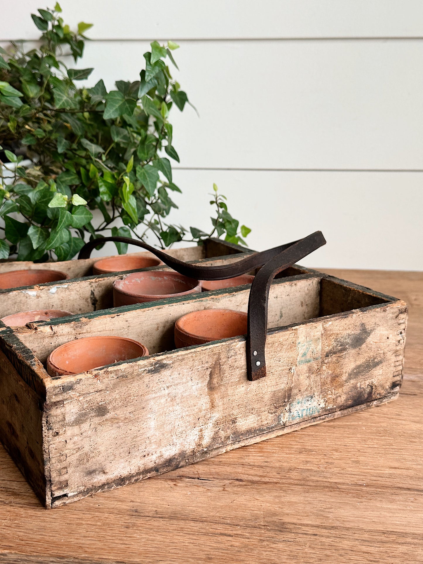 Vintage Handmade Wood Caddy & Pots