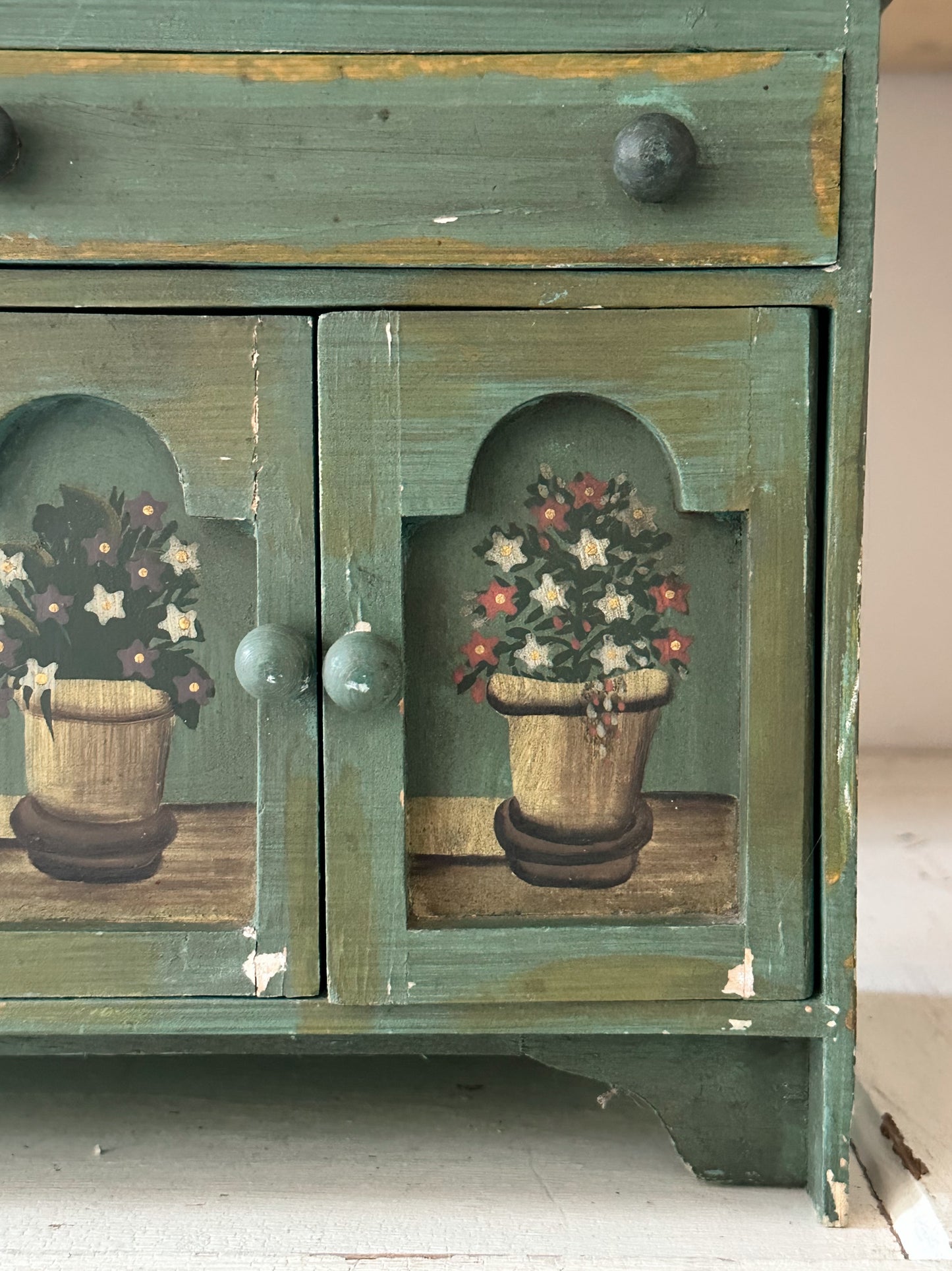 Vintage Tabletop Size Folk Art Painted Hutch