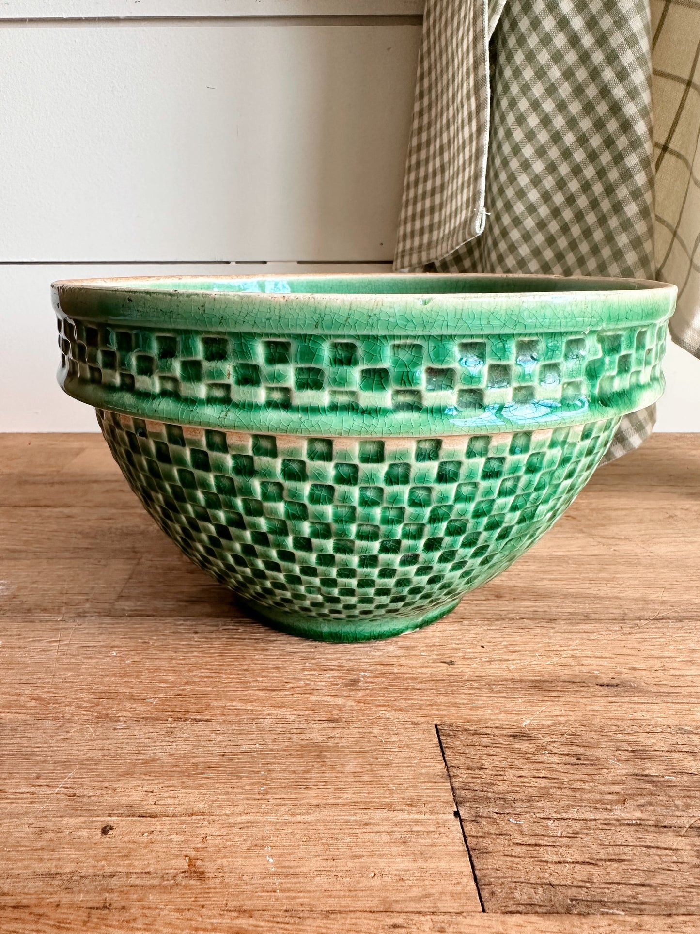 Vintage Green Checkerboard Stoneware Bowl