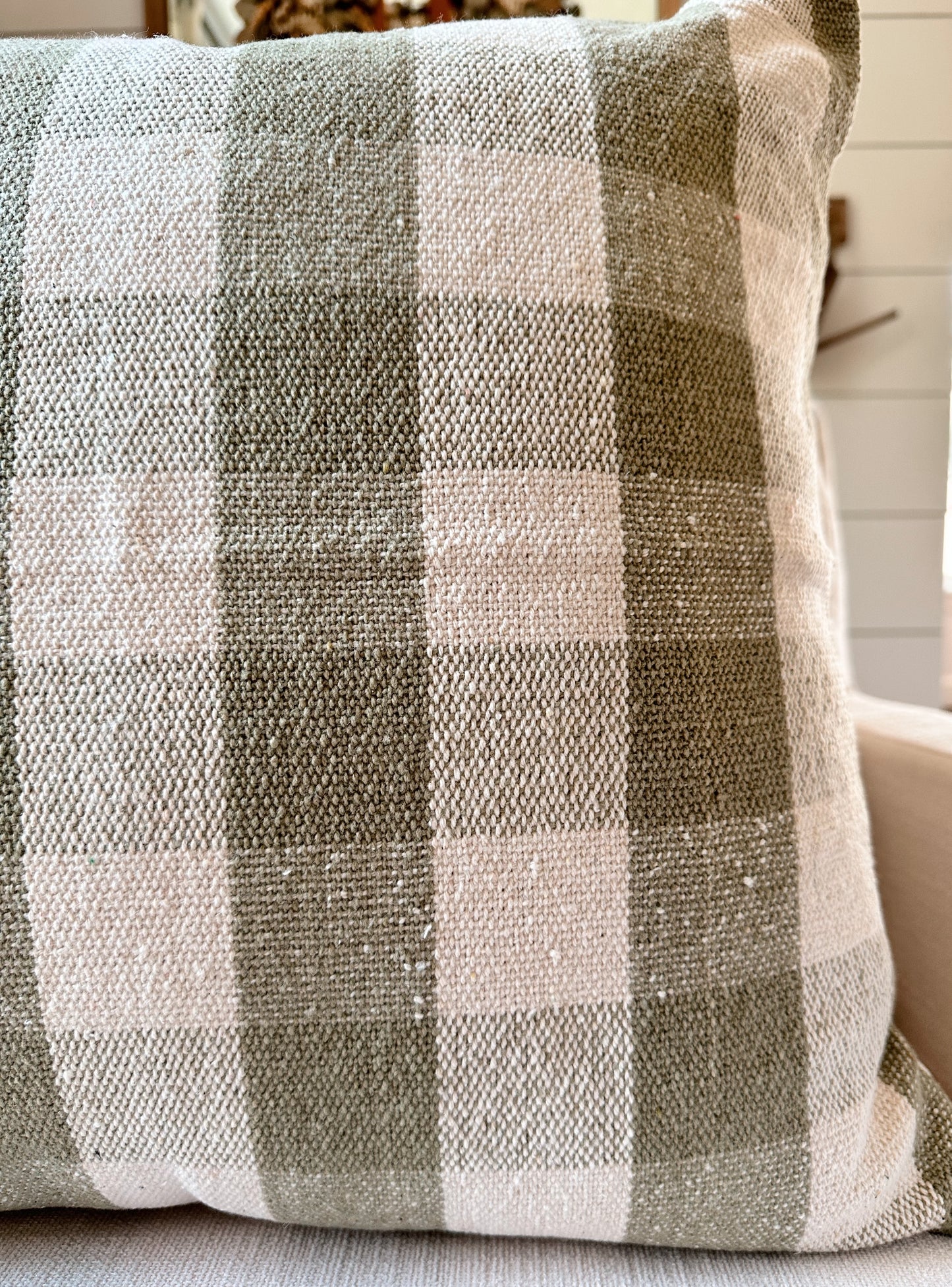 Woven Olive Green Gingham Pillow Cover