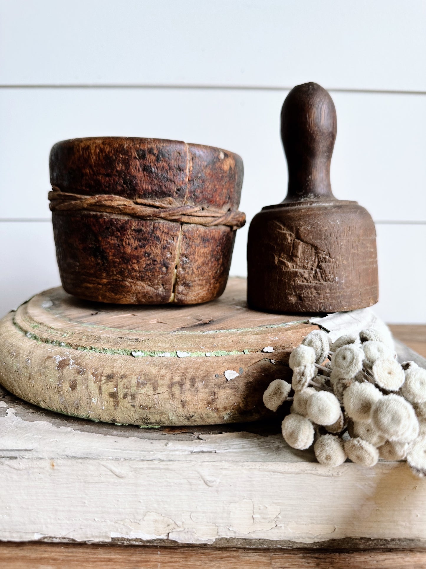 Awesome Primitive Mortar and Pestle with Metal Detail