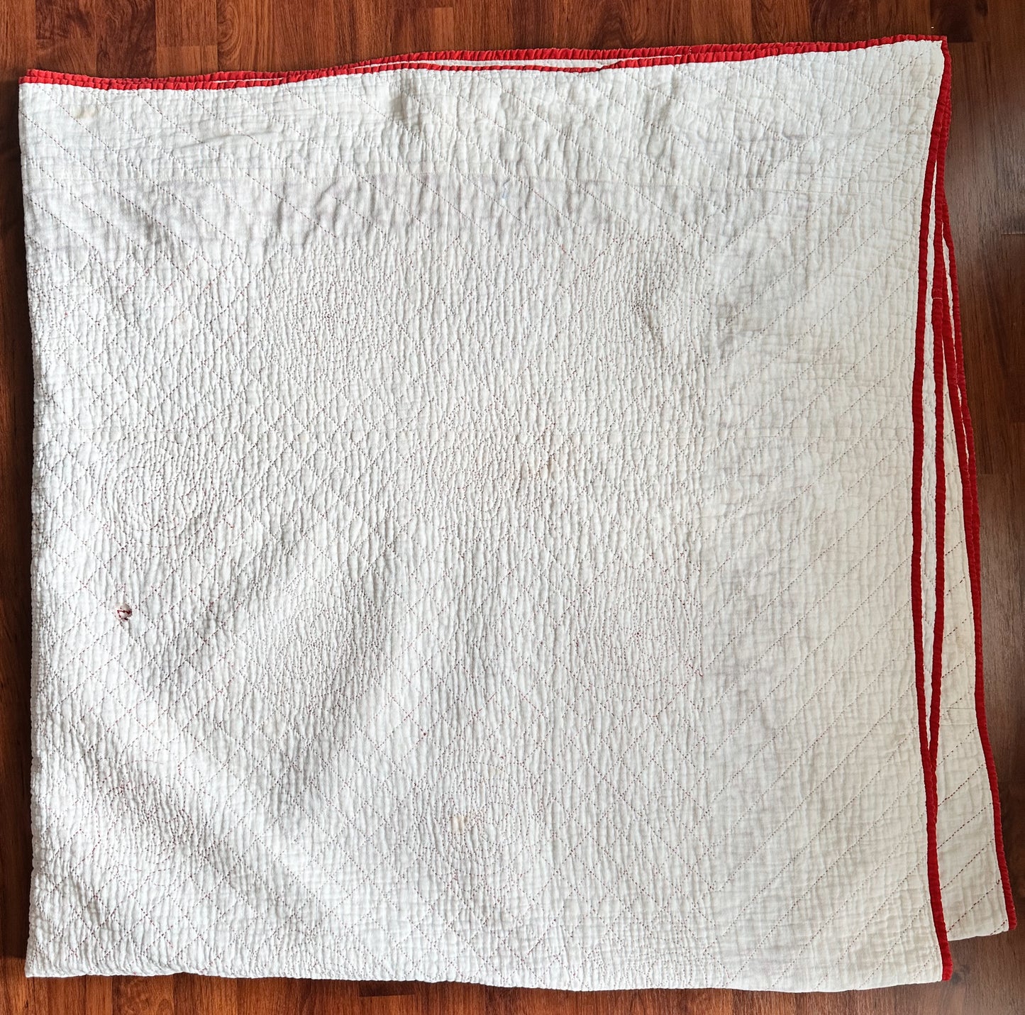 Antique Early 20th Century Redwork Embroidered Hand-Quilted Quilt