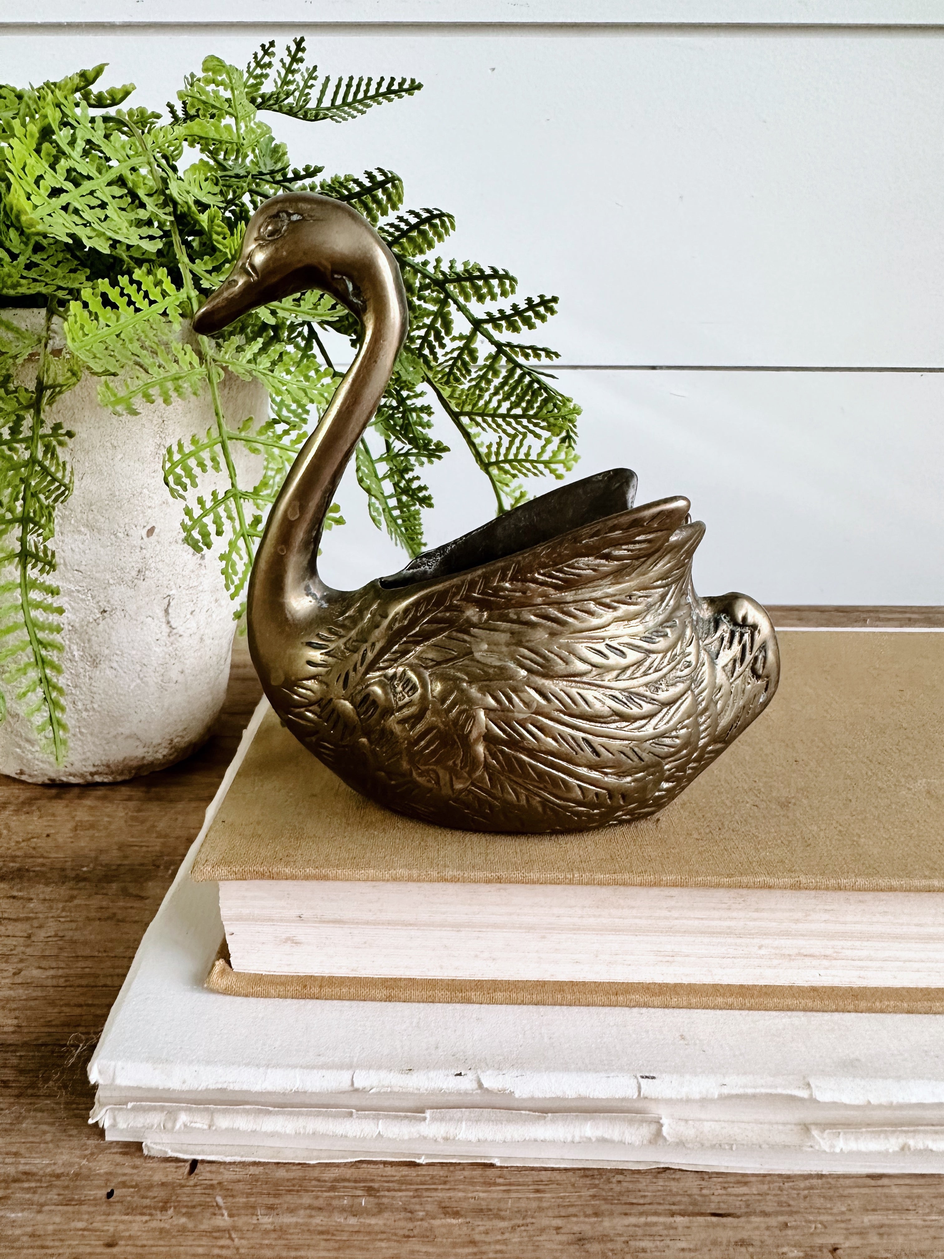 Petite Vintage Brass Swan Planter