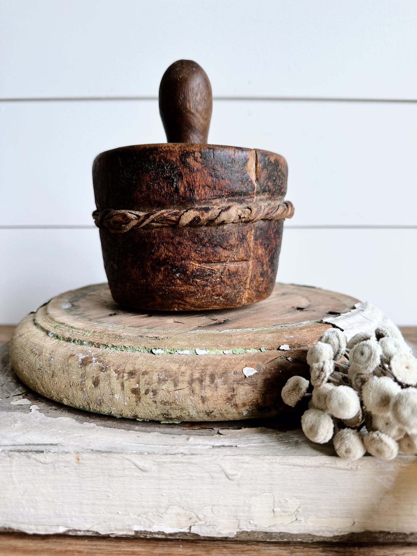 Awesome Primitive Mortar and Pestle with Metal Detail