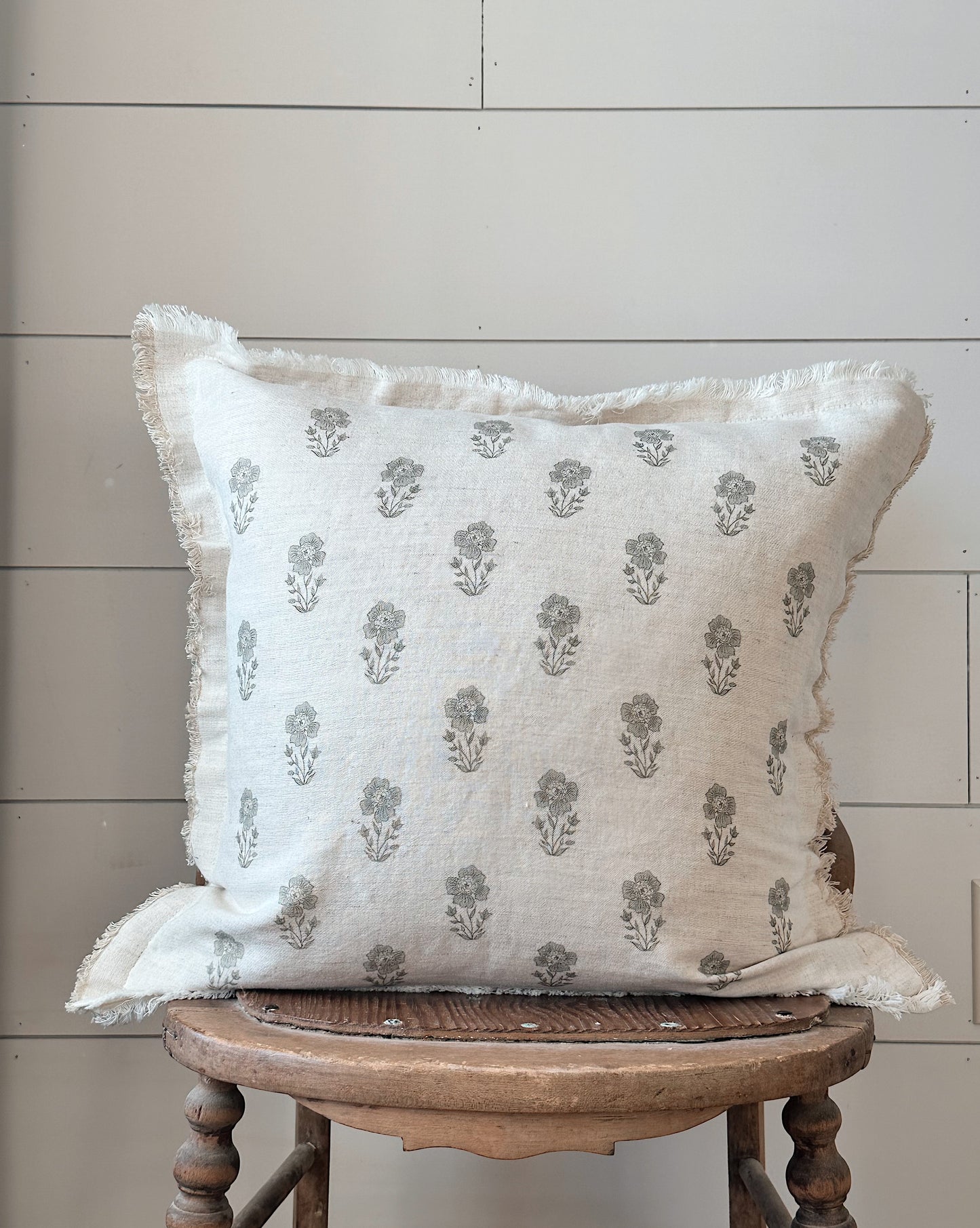 Hand Block Sage Gray Floral Pillow Cover