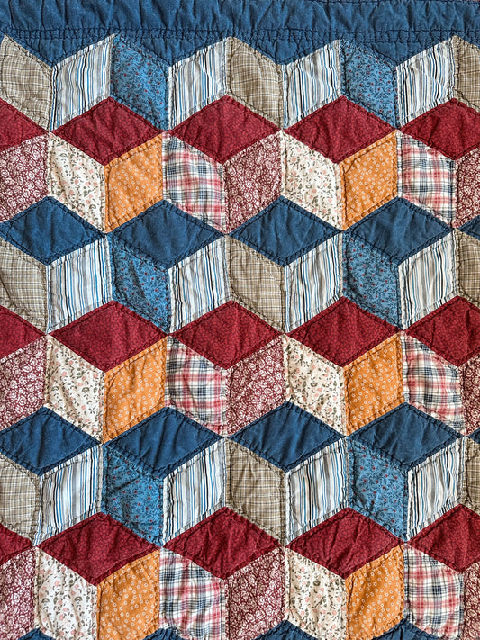 Vintage Hand Quilted Tumbling Blocks Quilt