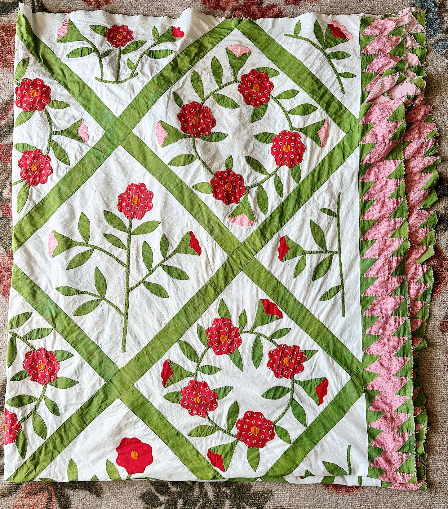 Vintage Hand Appliqué Flower Trellis Quilt Top