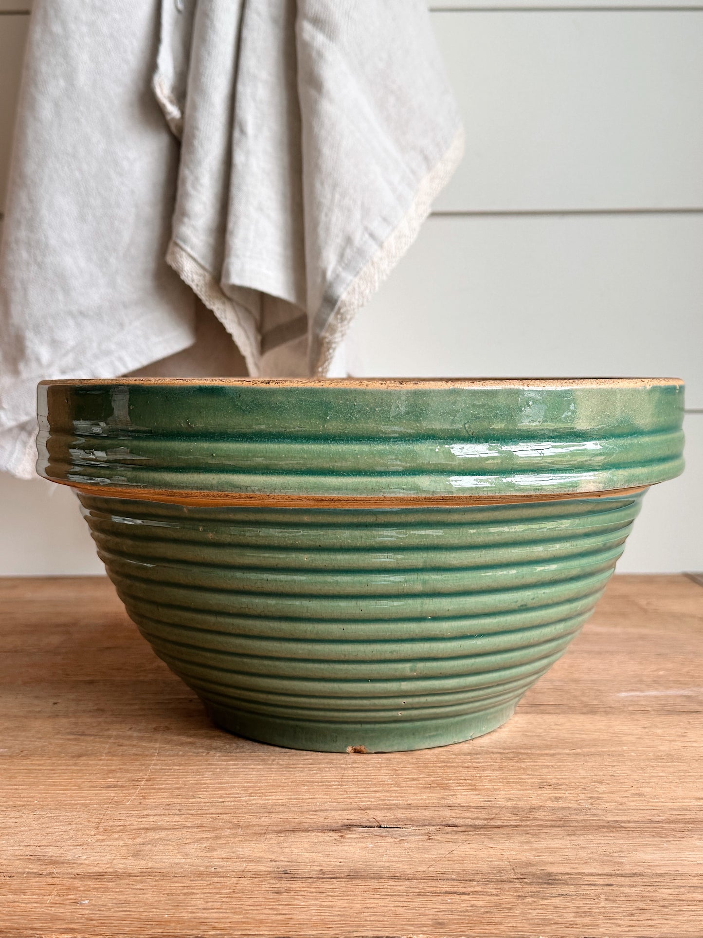 Big Beautiful Vintage Green Ribbed Stoneware Bowl