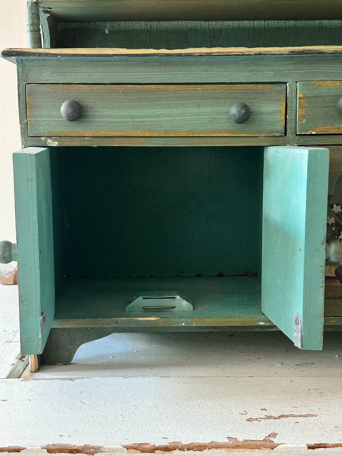 Vintage Tabletop Size Folk Art Painted Hutch