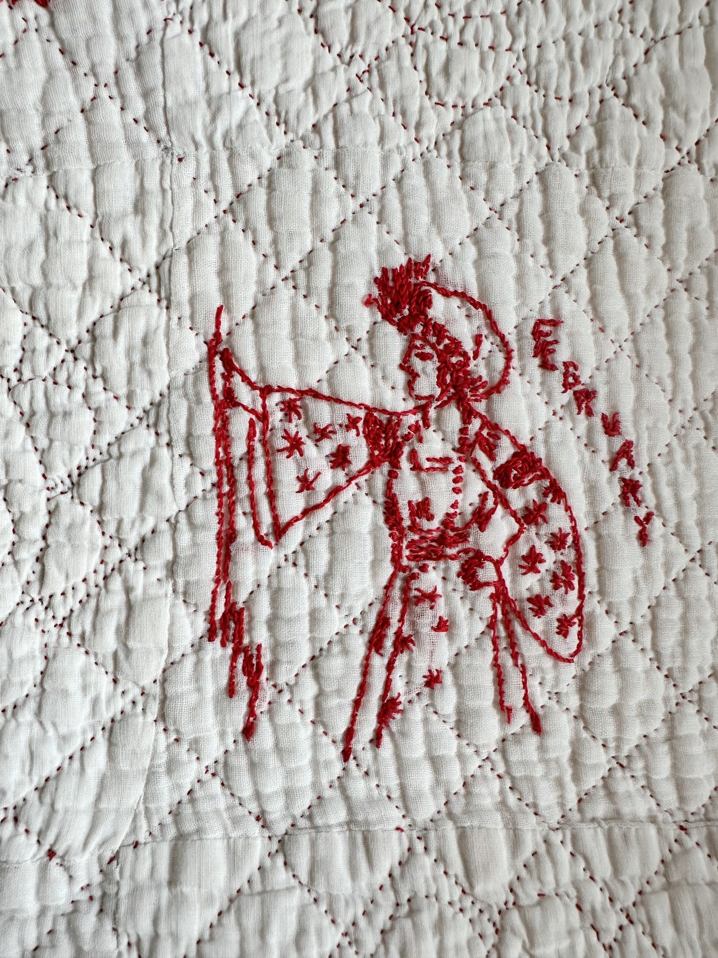 Antique Early 20th Century Redwork Embroidered Hand-Quilted Quilt