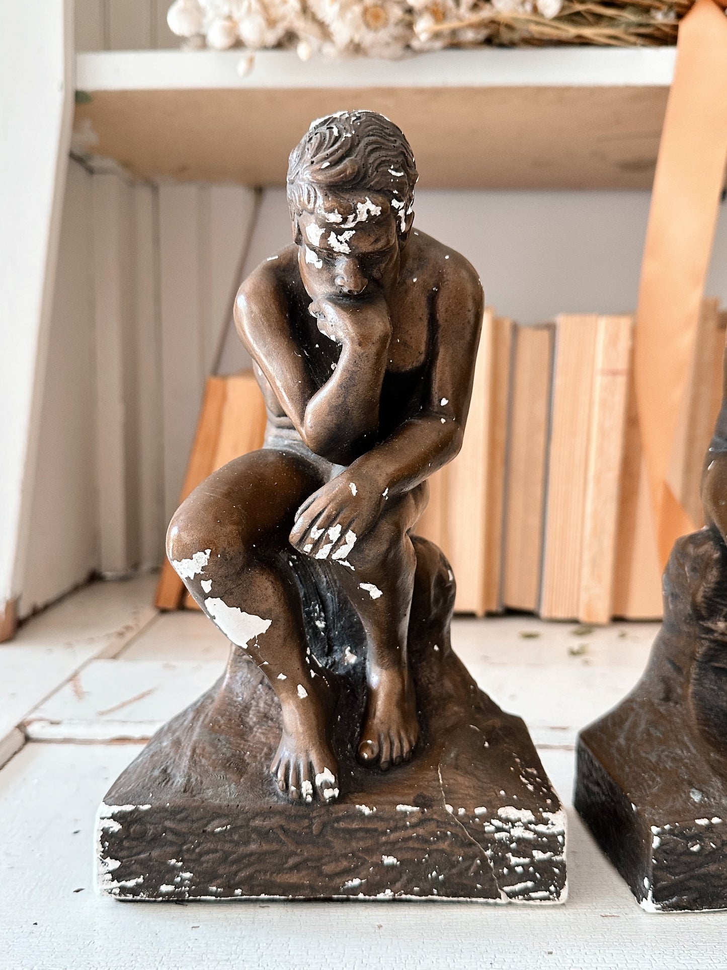 Pair of Chippy Vintage Esco Bookends, “The Thinker”