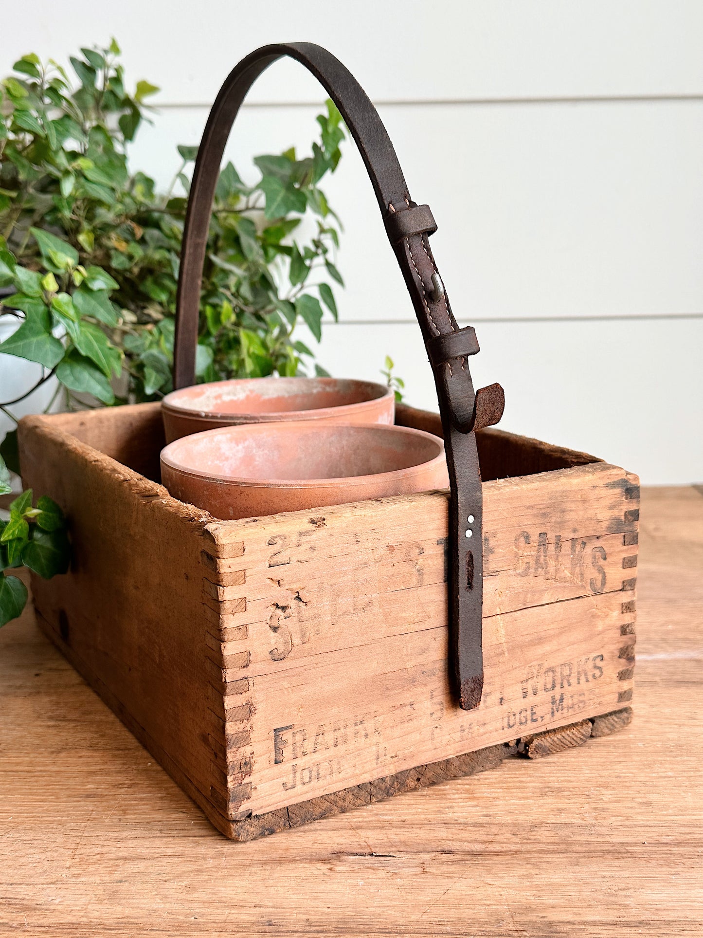 Vintage Handmade Advertising Wood Caddy & Pots