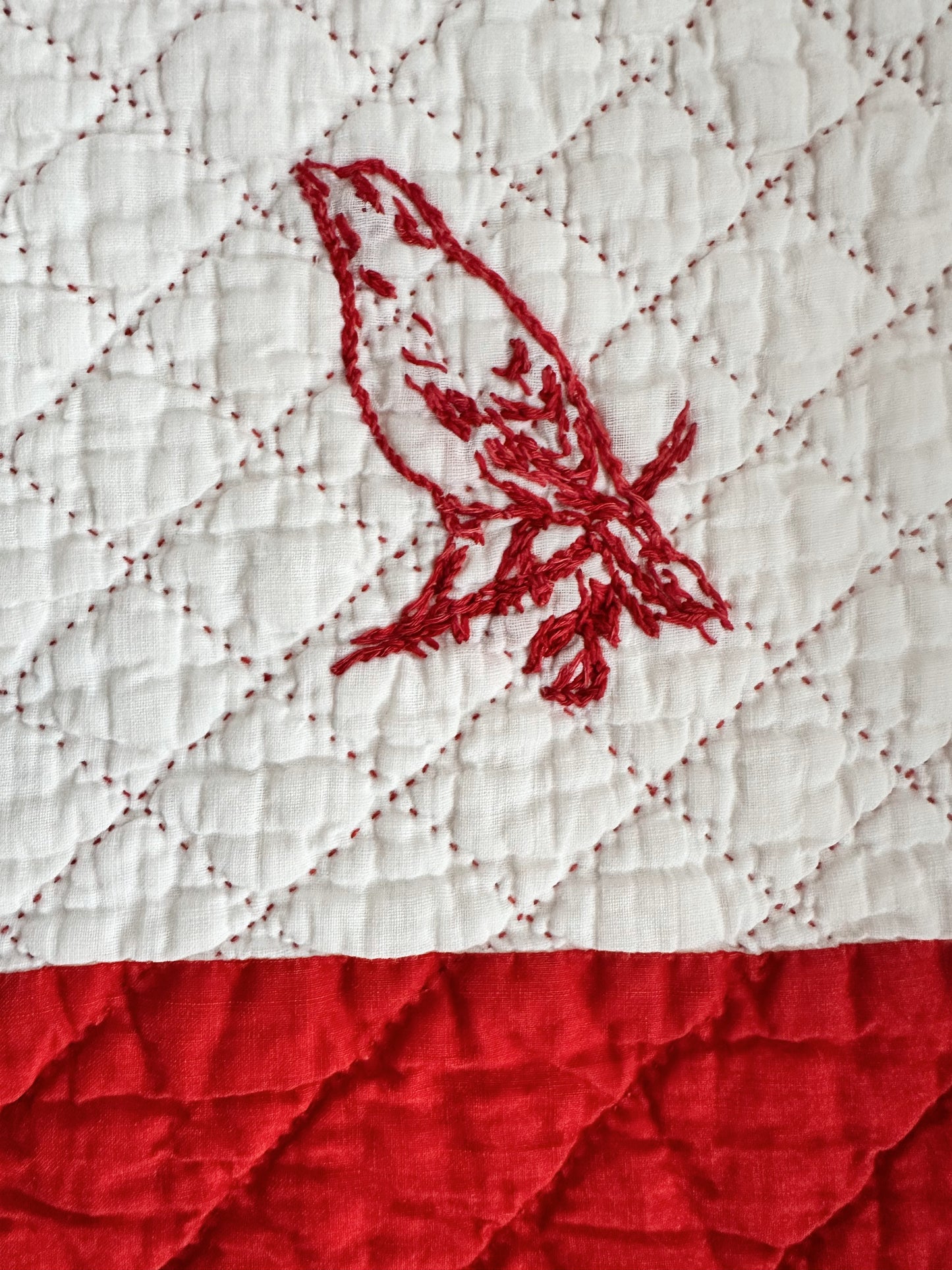 Antique Early 20th Century Redwork Embroidered Hand-Quilted Quilt