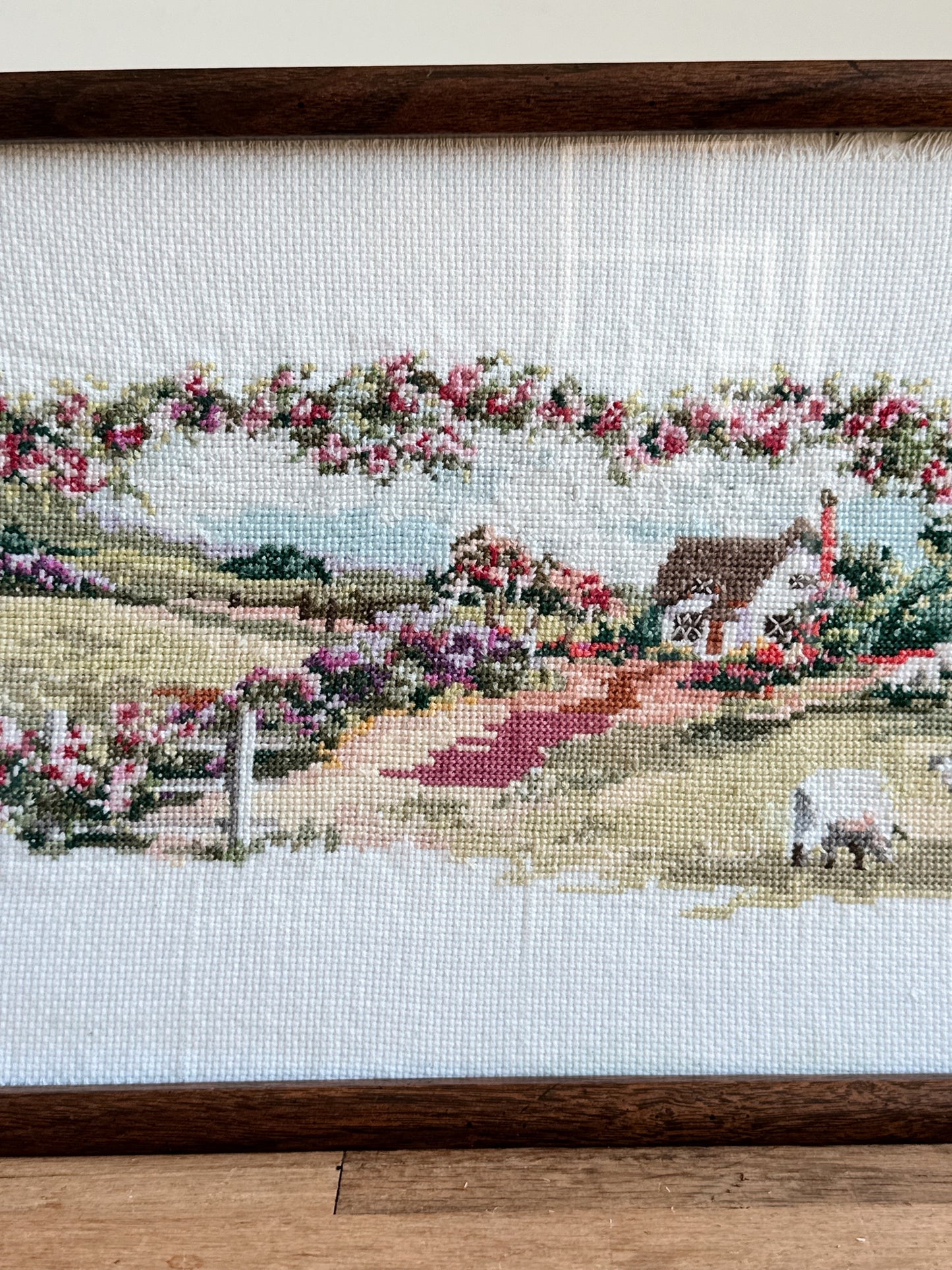 Vintage Framed Cross Stitch, Cottage with Sheep