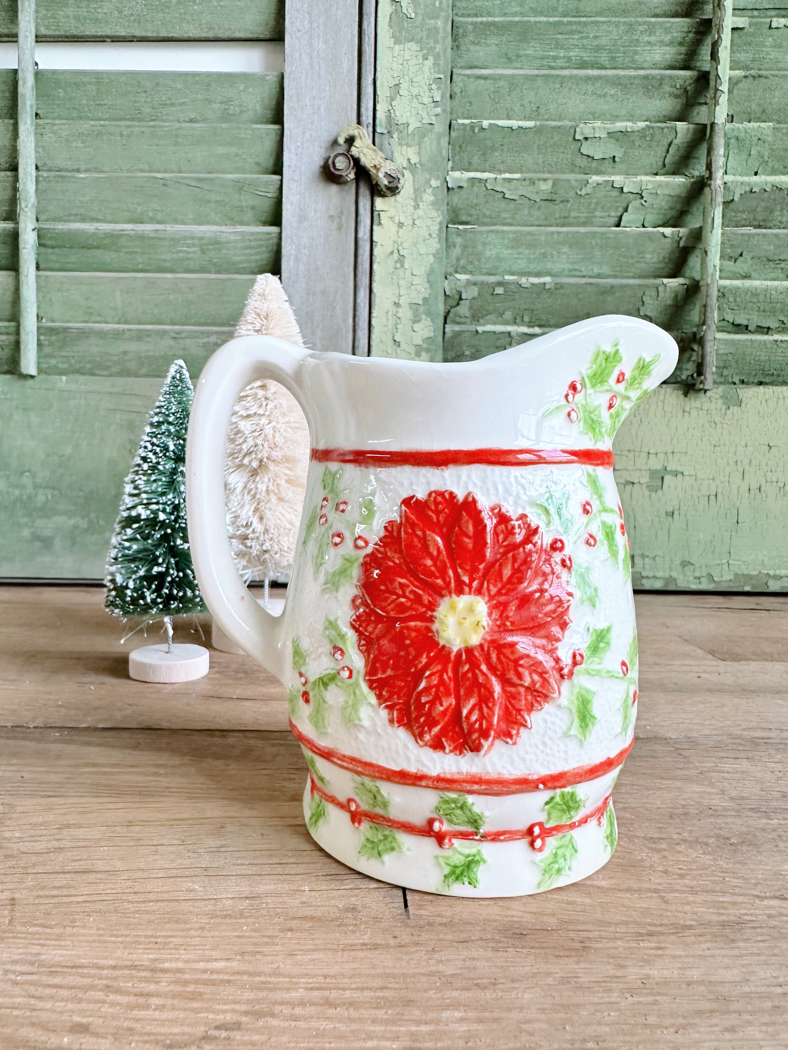 Darling Vintage Poinsettia & Holly Pitcher
