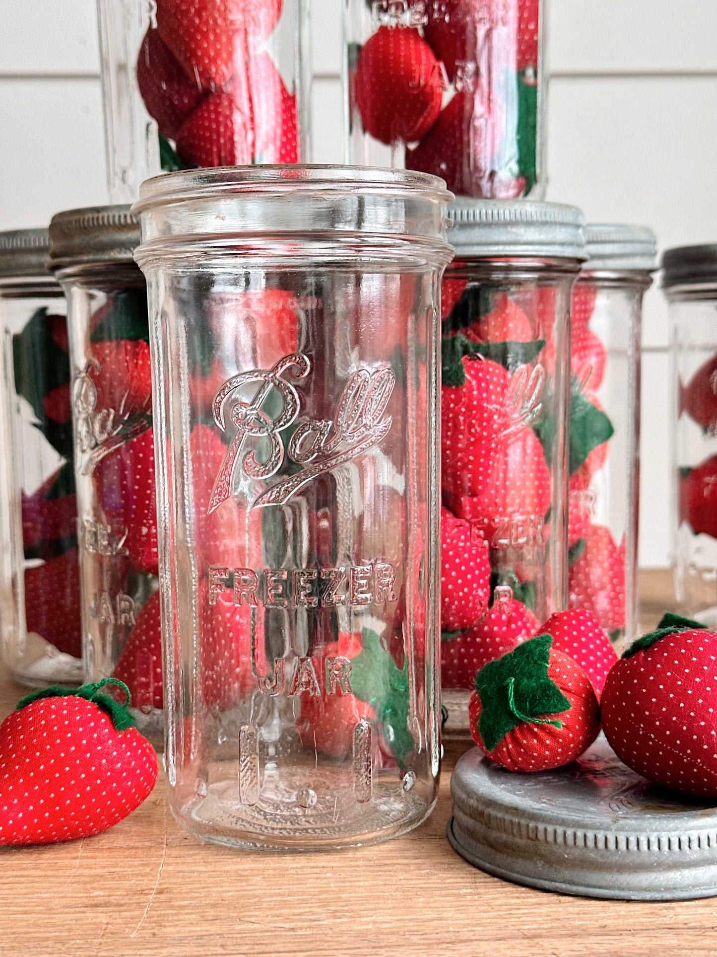 Vintage Freezer Ball Mason Jar with Handmade Strawberries