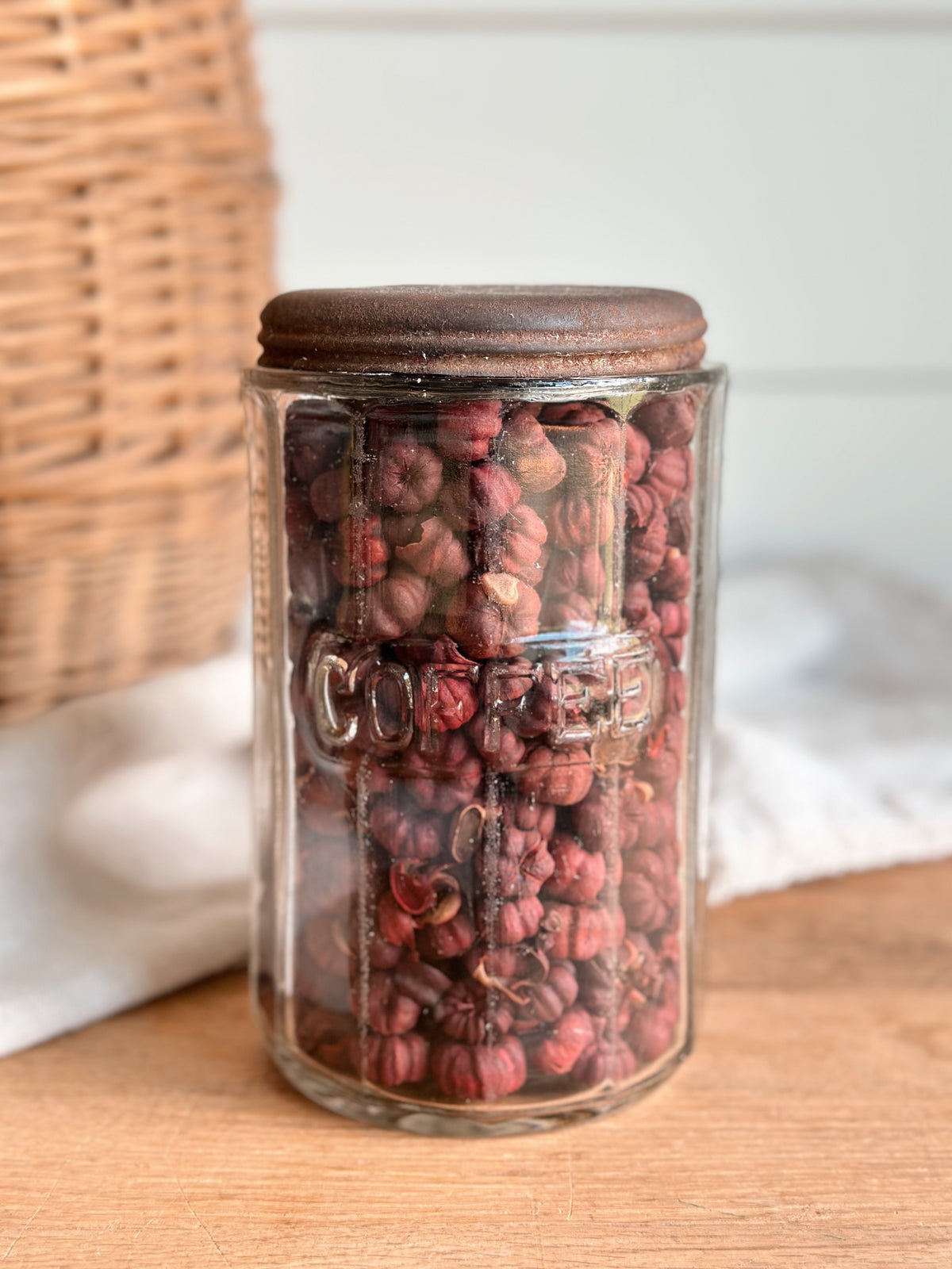 Antique Coffee Canister Filled with Dried Putka Pods