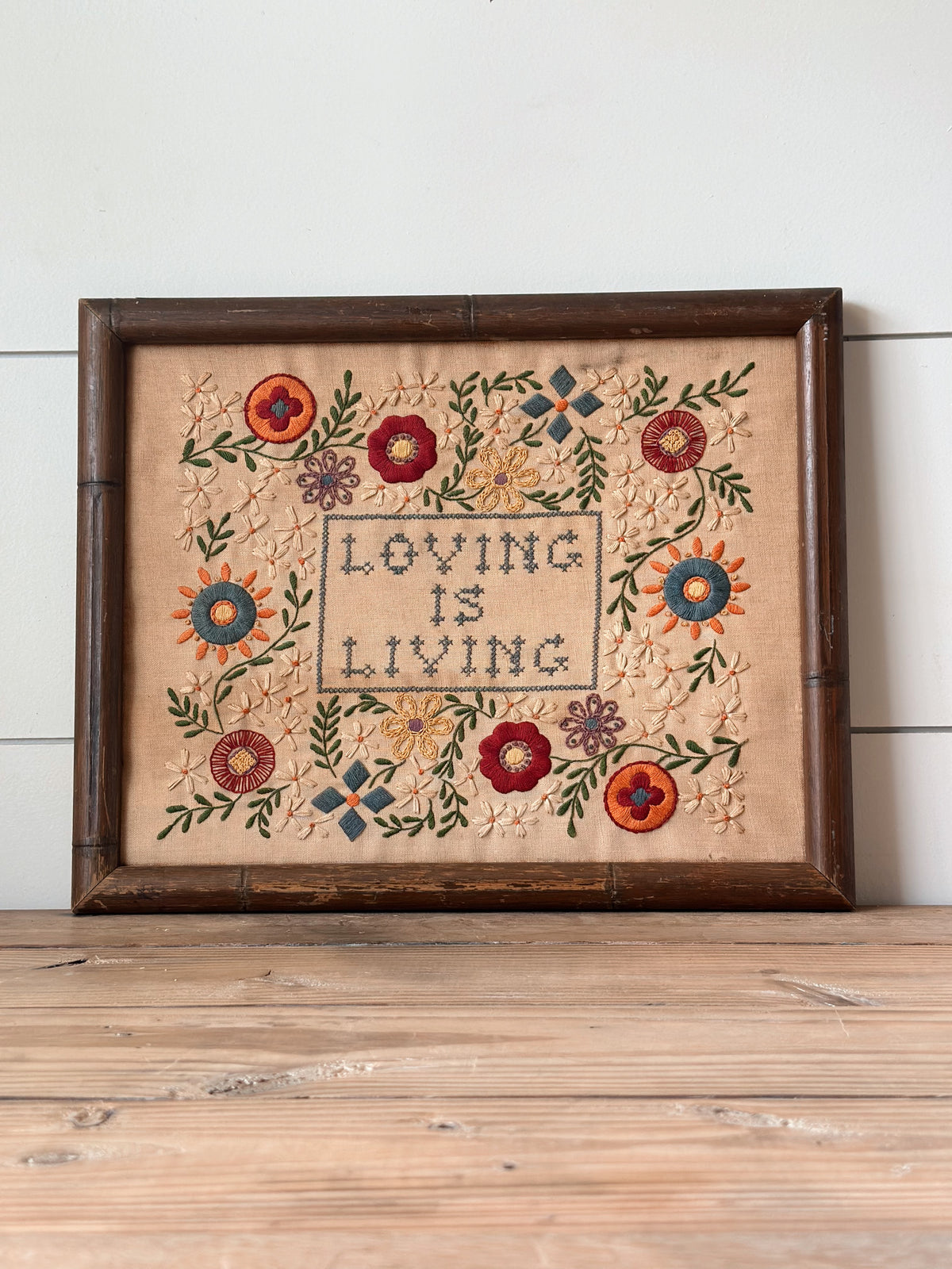 Vintage Love Is Living Embroidered Wall Hanging