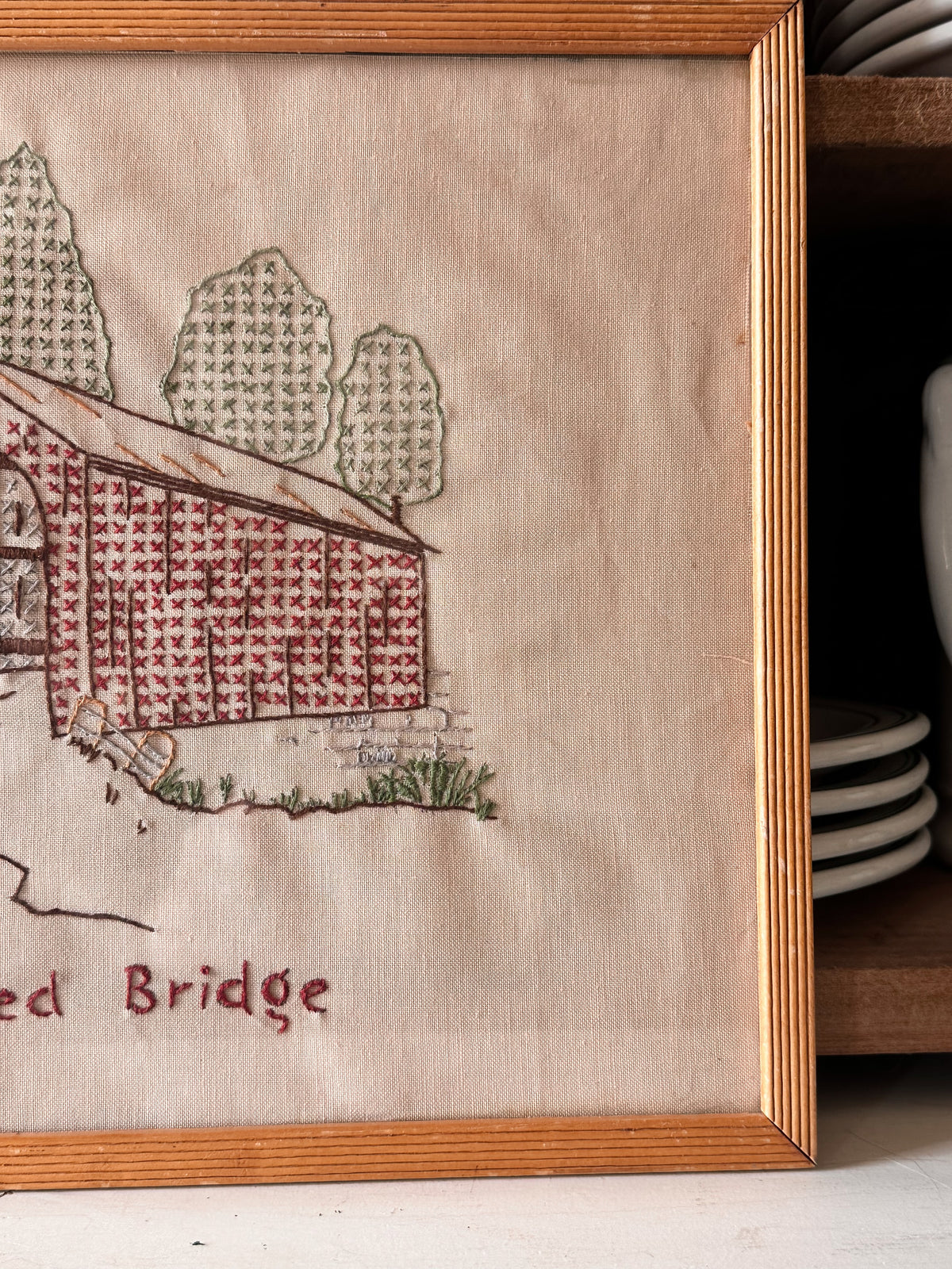 Vintage Covered Bridge Needle Work Wall Hanging