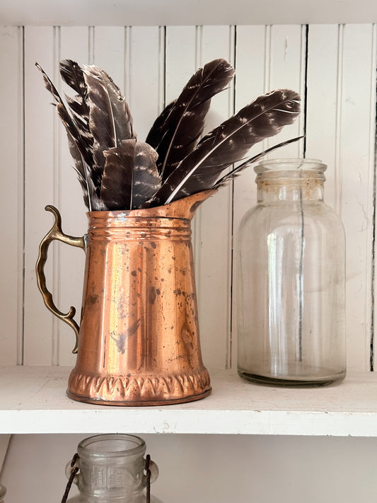 Vintage Copper Pitcher & Turkey Feathers