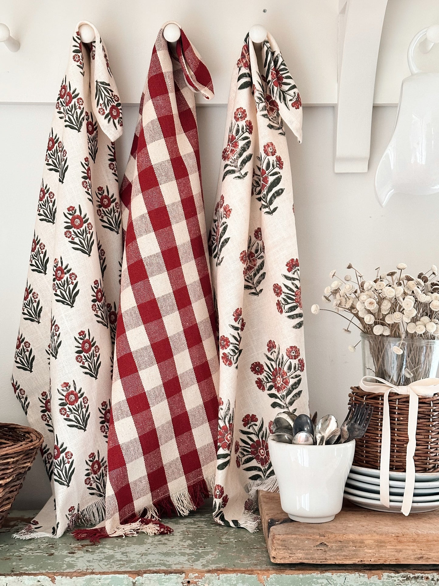 Set of Three Block Print & Gingham Tea Towels (green & red)