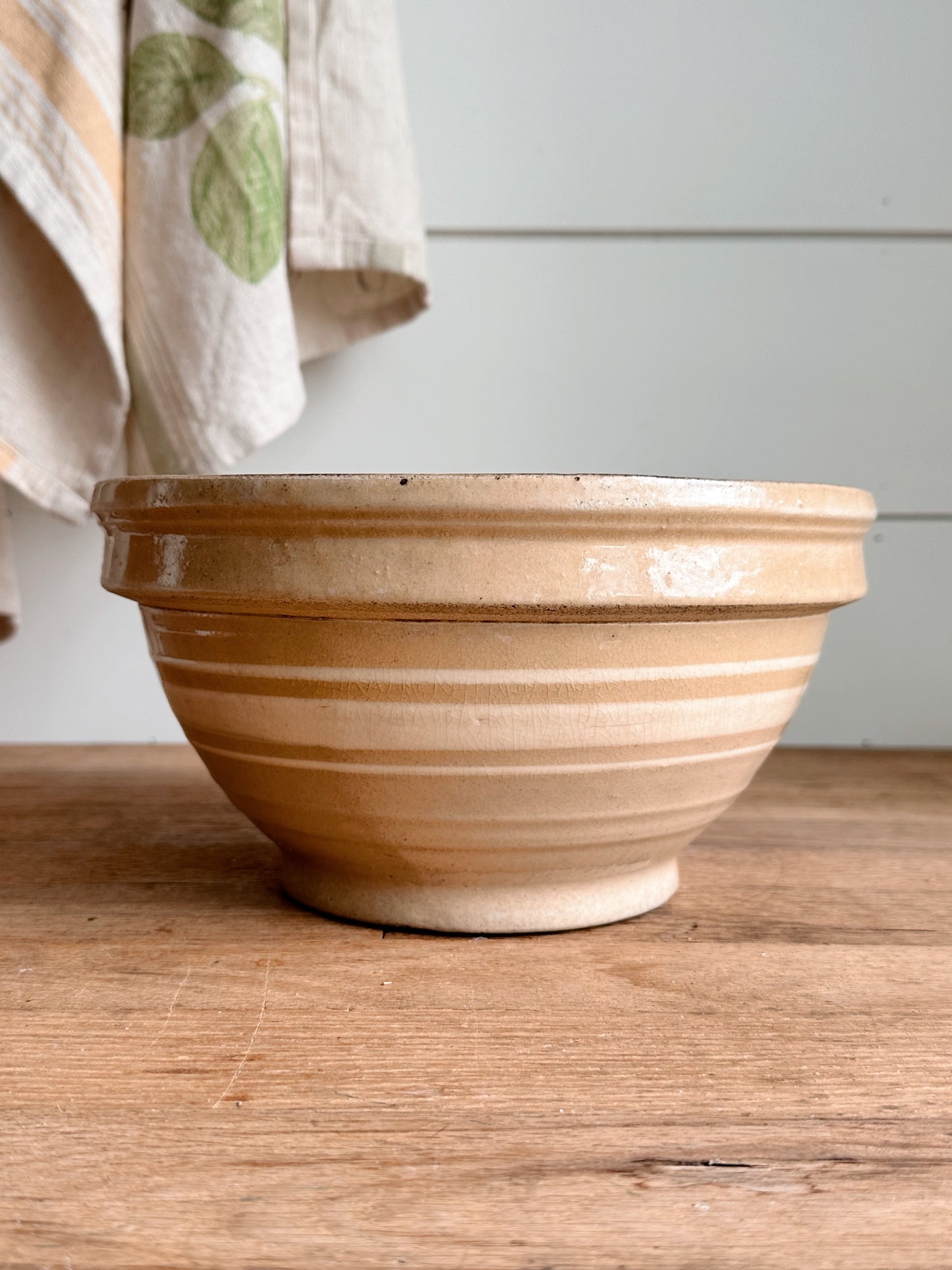 Vintage Stoneware Bowl with Three White Stripes