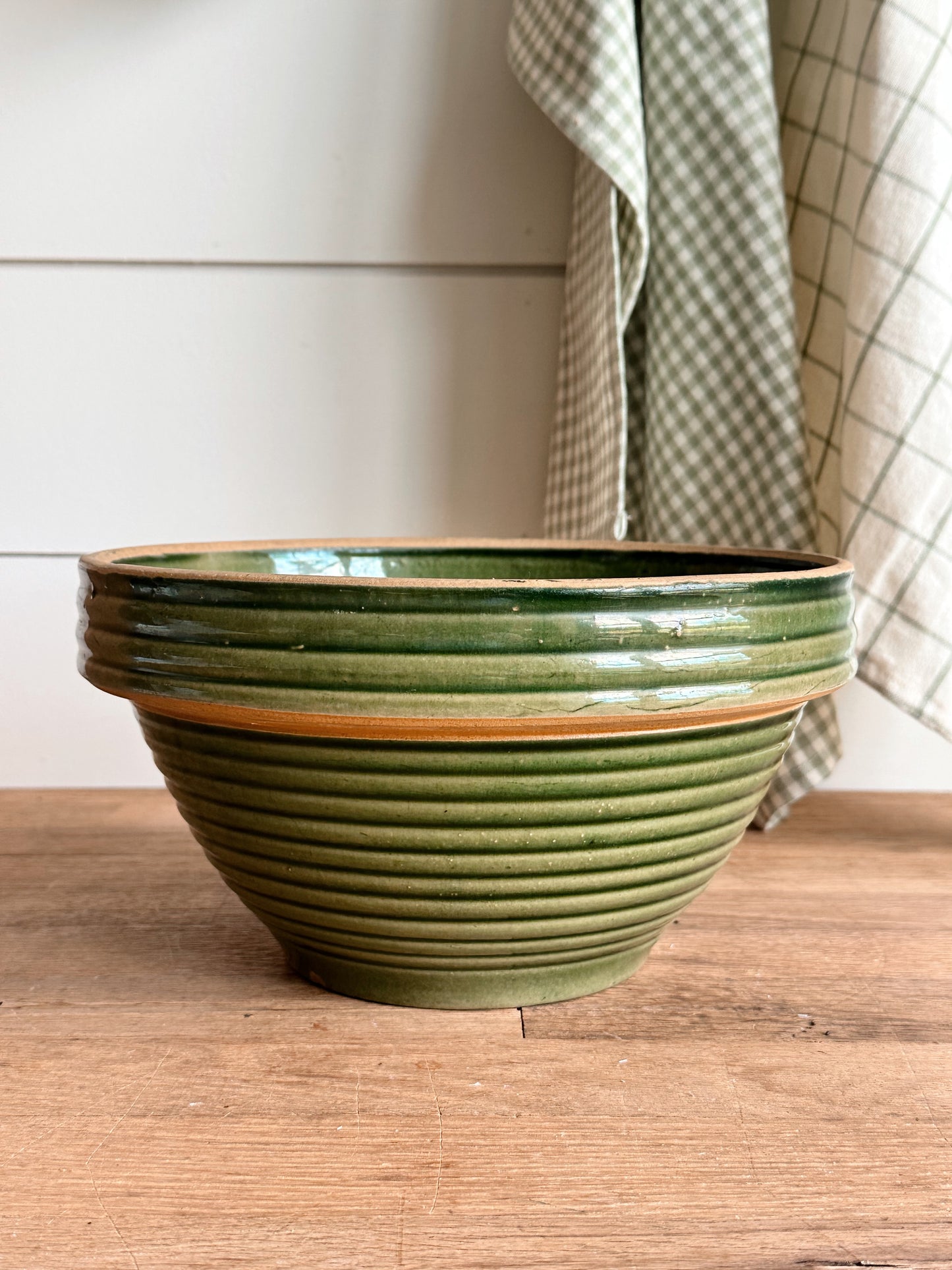 Vintage Green Ribbed Stoneware Mixing Bowl