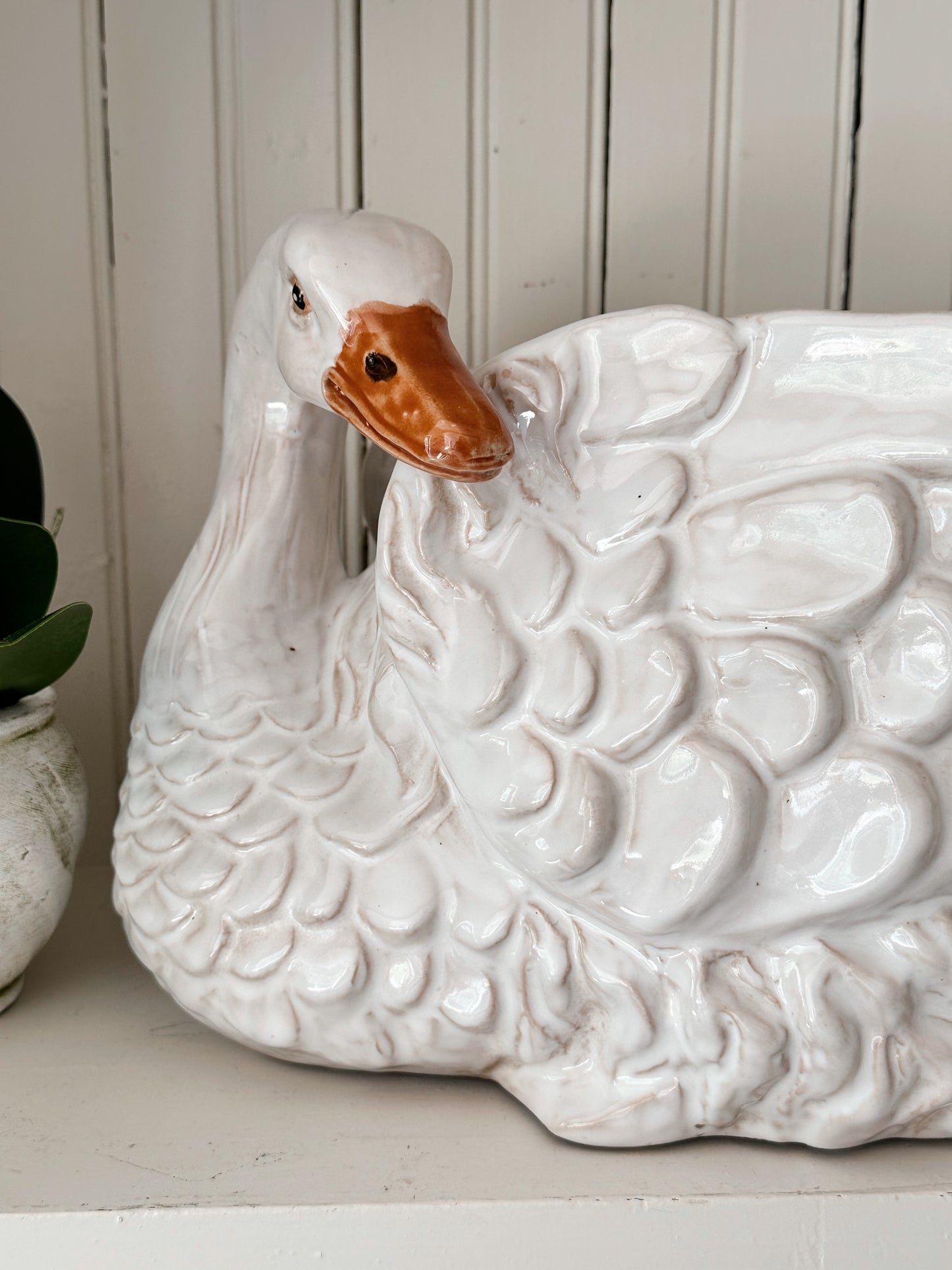 Large Vintage Glazed Terra Cotta Swan Planter