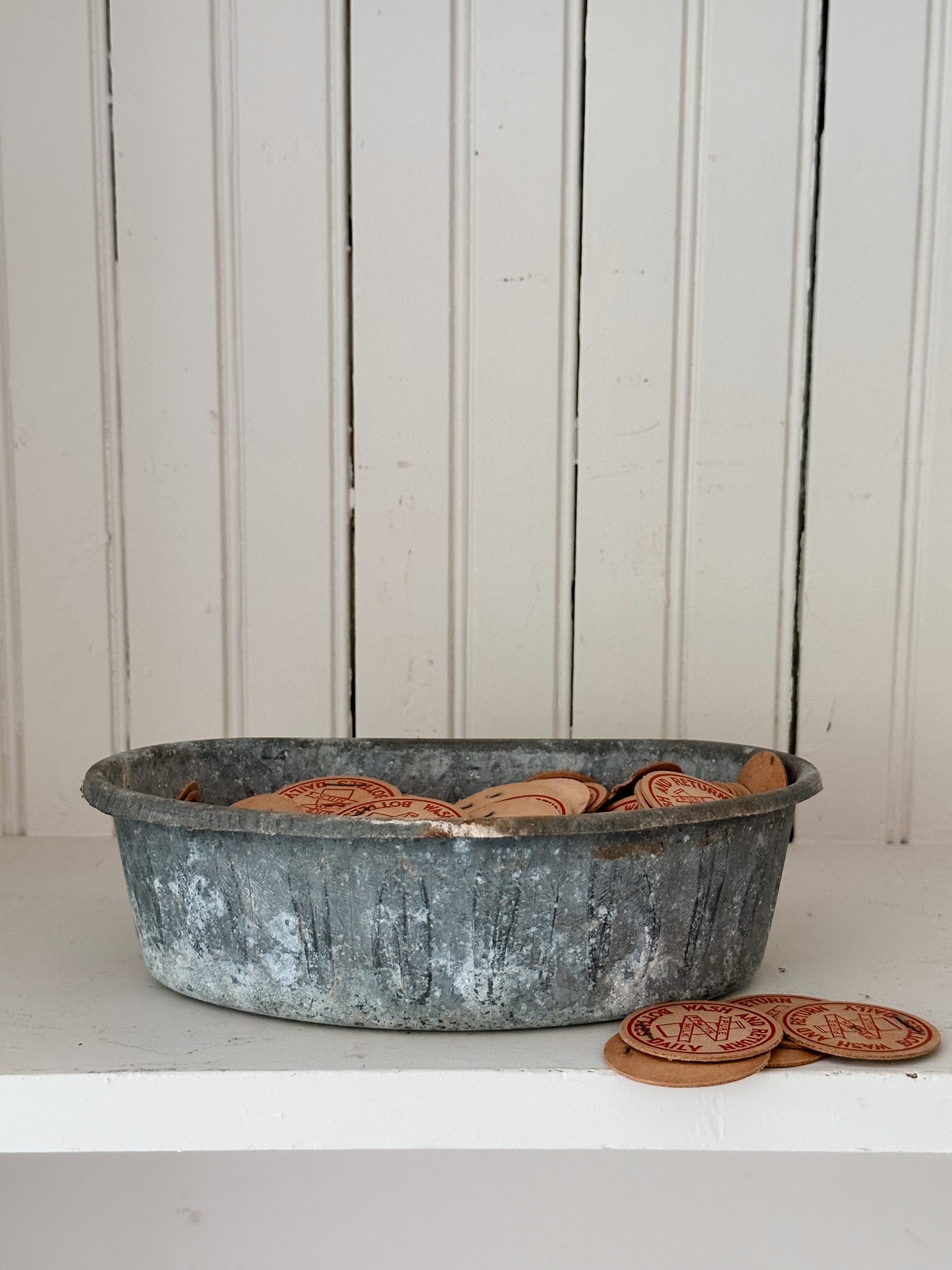 Vintage Galvanized Feeder Filled with Vintage Milk Bottle Caps