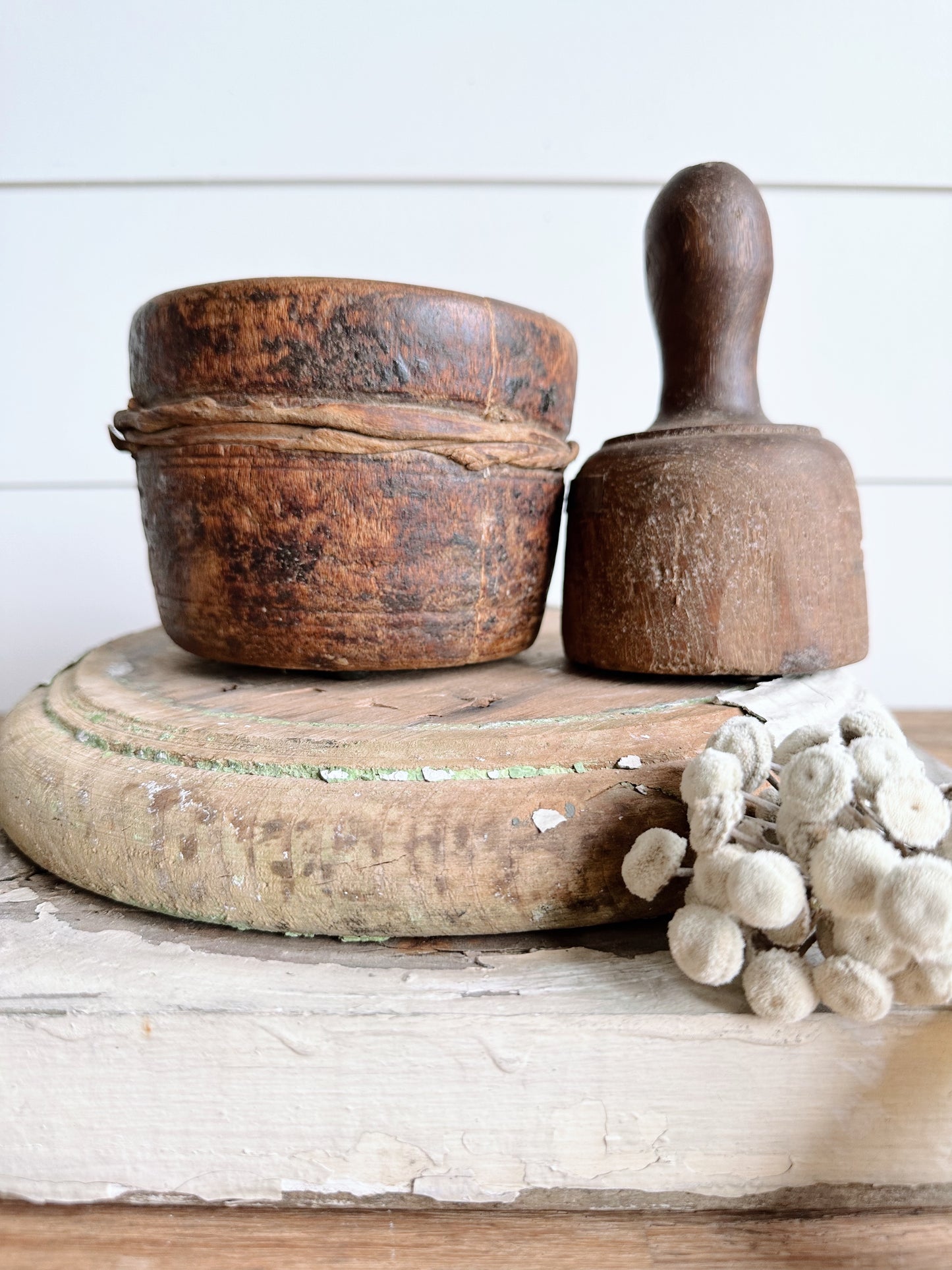 Awesome Primitive Mortar and Pestle with Metal Detail